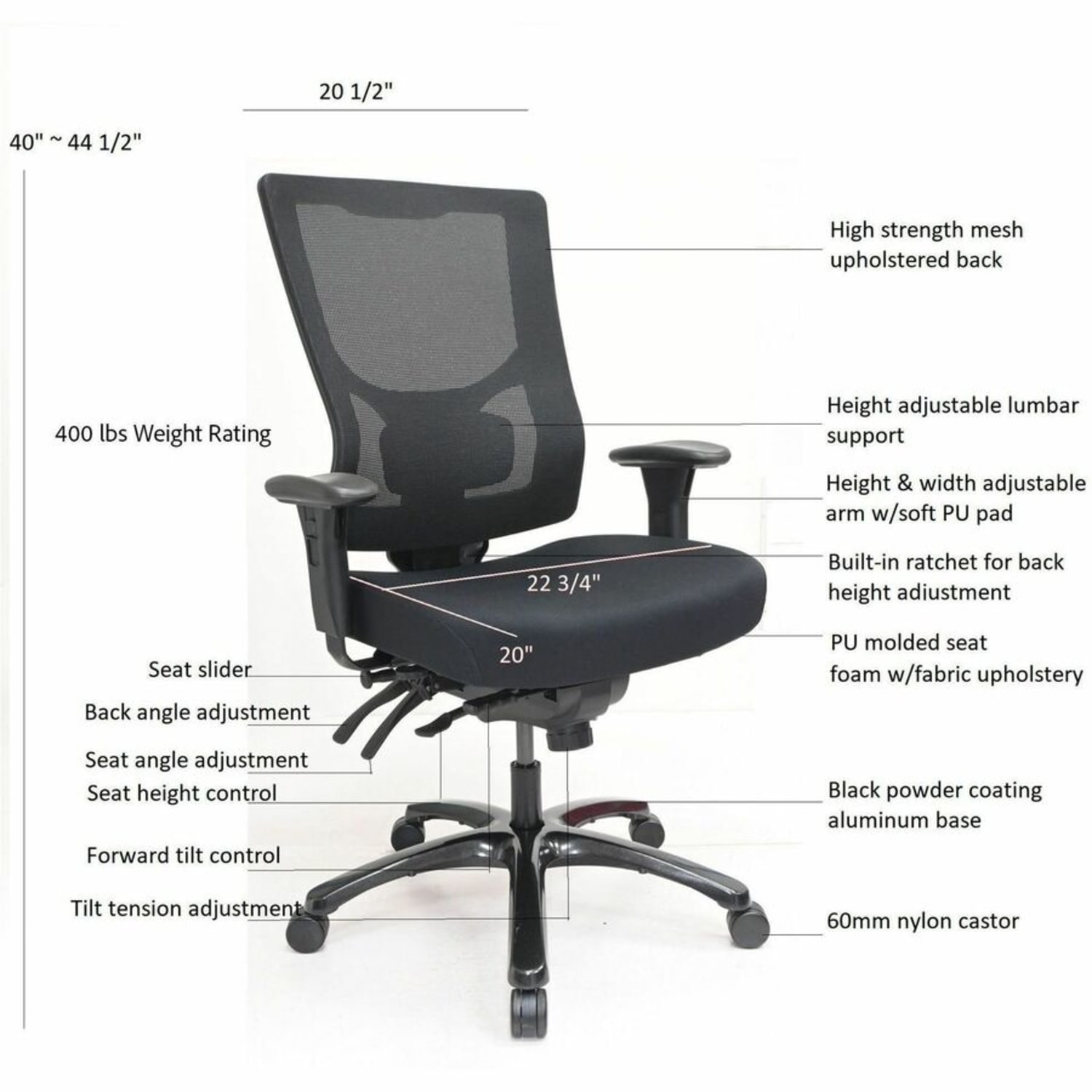 Lorell Big & Tall Mesh High-Back Chair - Polyurethane, Molded Foam, Fabric Seat Material - Mesh Back Material - High Back - Black - Armrest - 1 Each - Image 5
