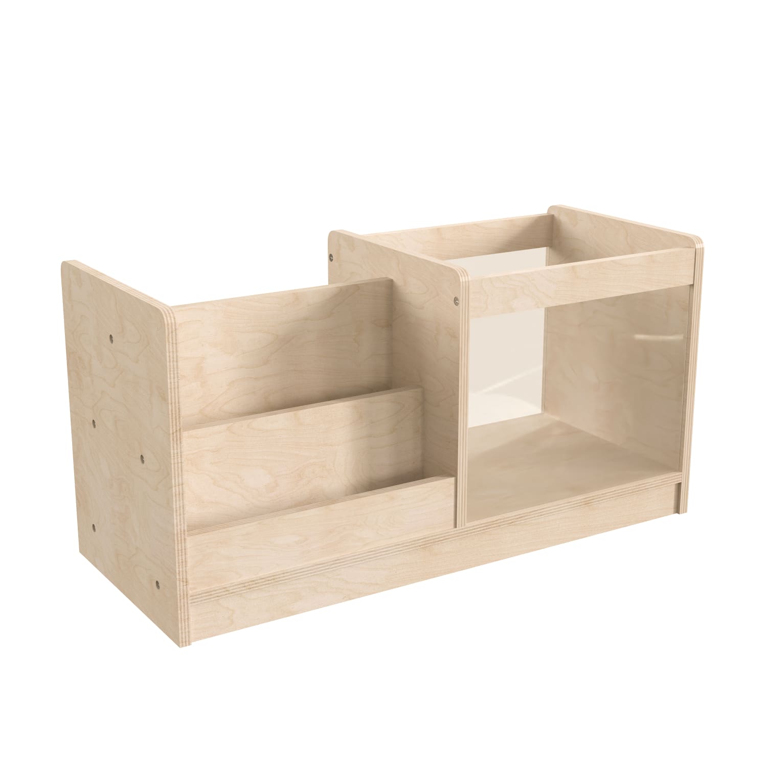 Flash Furniture Bright Beginnings Commercial-Grade Modular Double-Sided Tiered Wooden Classroom Book Display Shelf With Transparent Storage Bin, 16inH x 31-1/2inW x 13inD, Beech - Image 3