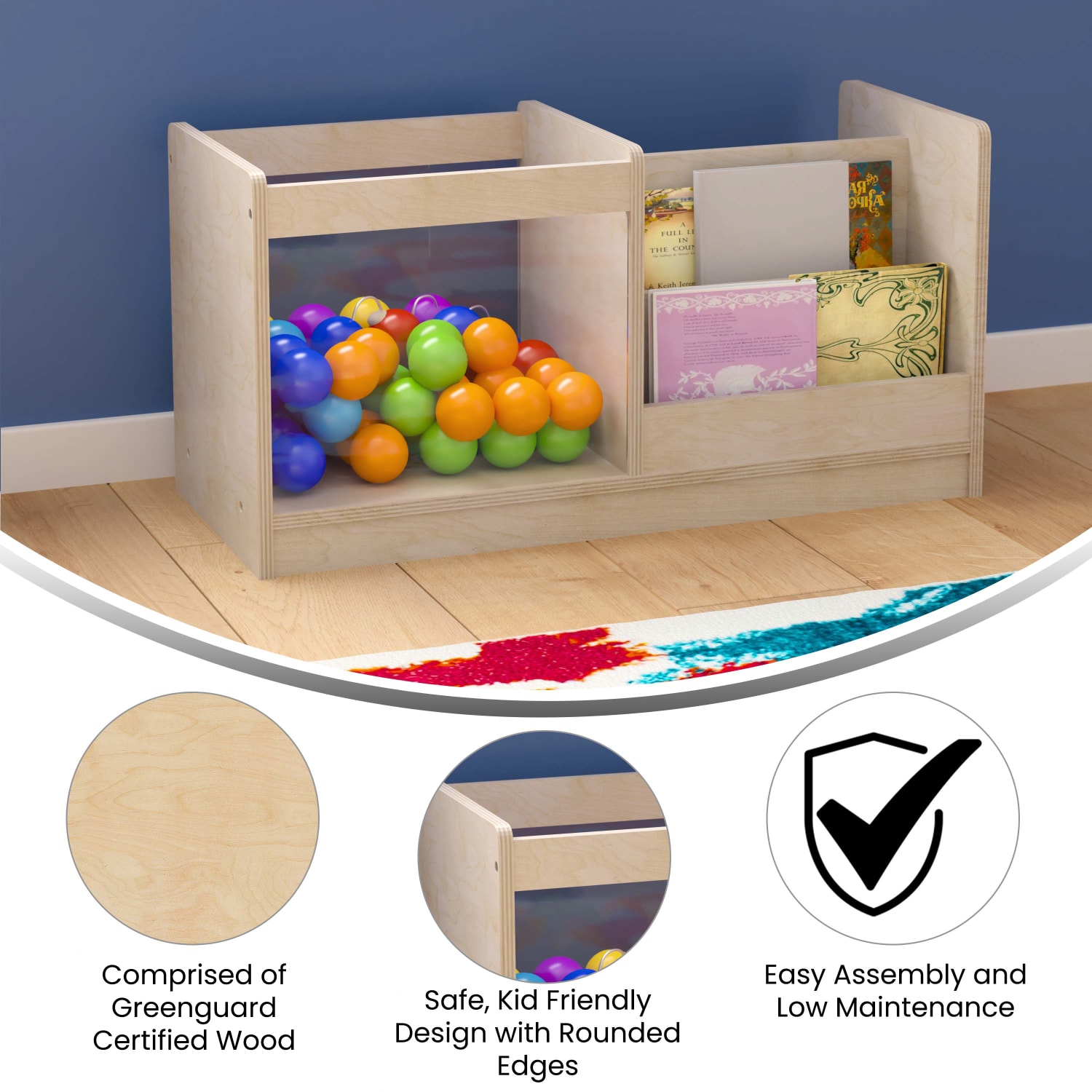 Flash Furniture Bright Beginnings Commercial-Grade Modular Double-Sided Tiered Wooden Classroom Book Display Shelf With Transparent Storage Bin, 16inH x 31-1/2inW x 13inD, Beech - Image 5