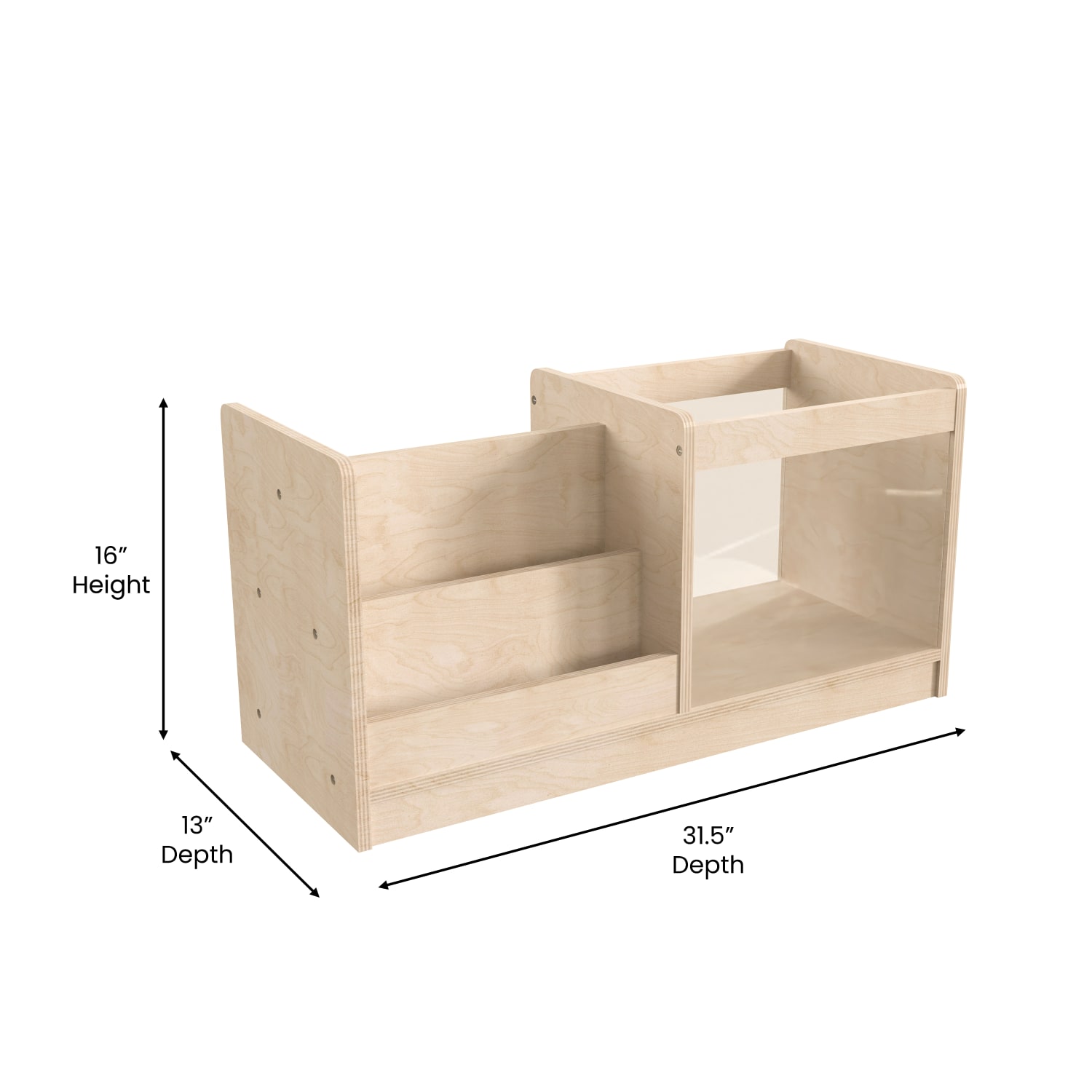 Flash Furniture Bright Beginnings Commercial-Grade Modular Double-Sided Tiered Wooden Classroom Book Display Shelf With Transparent Storage Bin, 16inH x 31-1/2inW x 13inD, Beech - Image 6