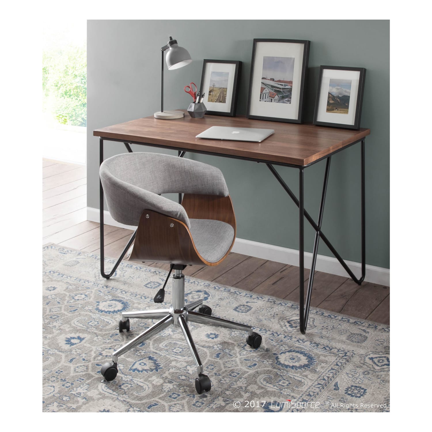 LumiSource Vintage Mod Mid-Century Modern Mid-Back Chair, Light Gray/Walnut/Chrome - Image 6