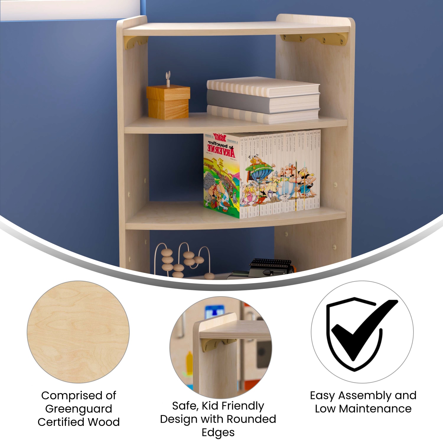 Flash Furniture Bright Beginnings Commercial Grade Bow Front Wooden Classroom Open Corner Storage Unit, 31-1/2inH x 24inW x 11-3/4inD, Beech - Image 5