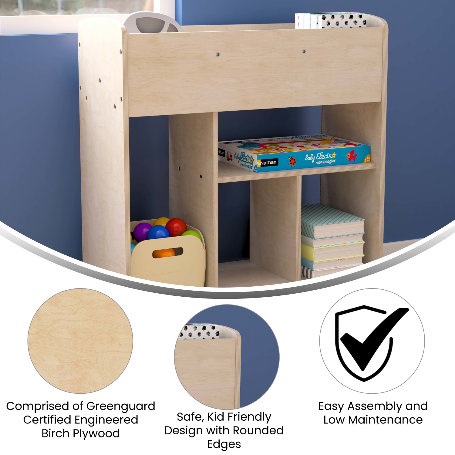 Flash Furniture Bright Beginnings Commercial Double-Sided Space Saving Wooden Mobile Storage Cart With Locking Caster Wheels, 33-1/2inH x 31-1/2inW x 13inD, Beech - Image 5