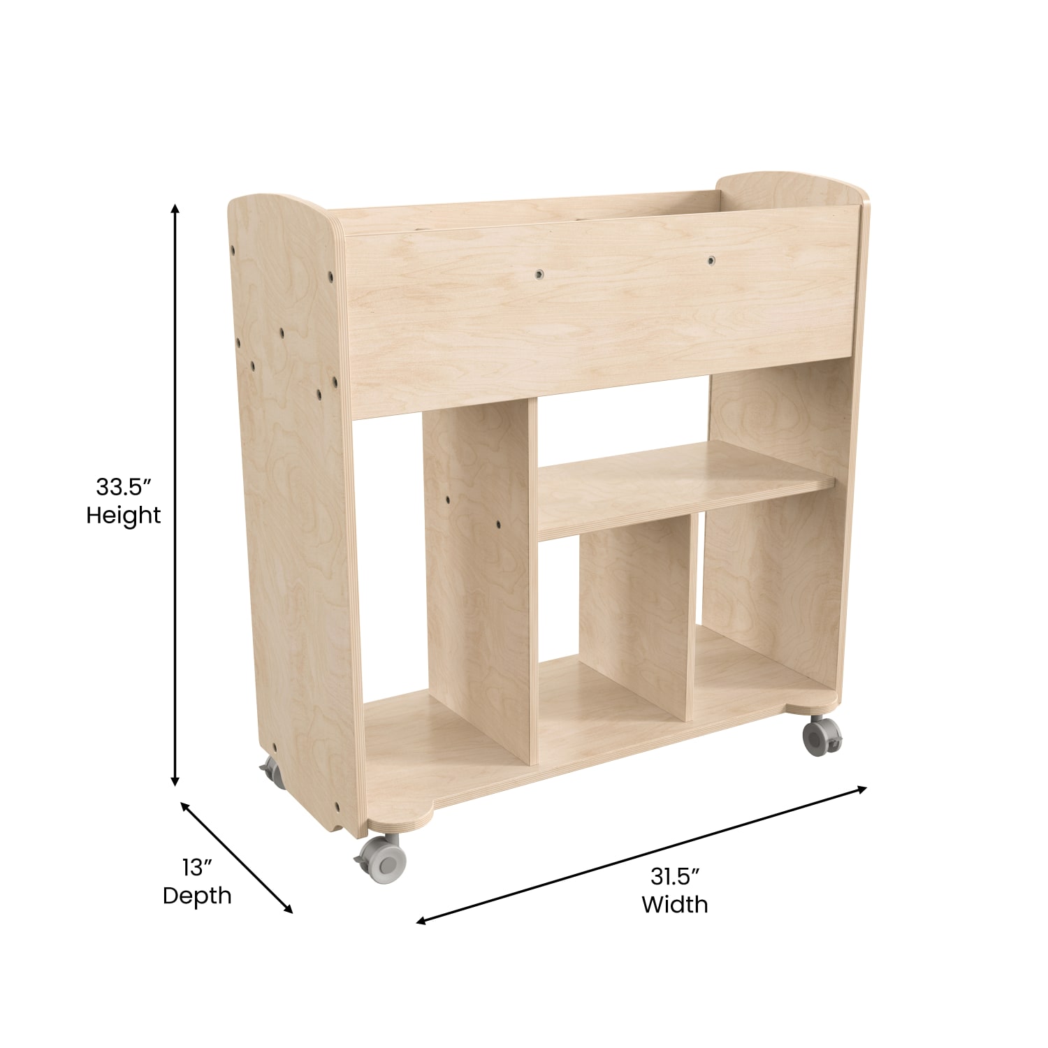 Flash Furniture Bright Beginnings Commercial Double-Sided Space Saving Wooden Mobile Storage Cart With Locking Caster Wheels, 33-1/2inH x 31-1/2inW x 13inD, Beech - Image 6