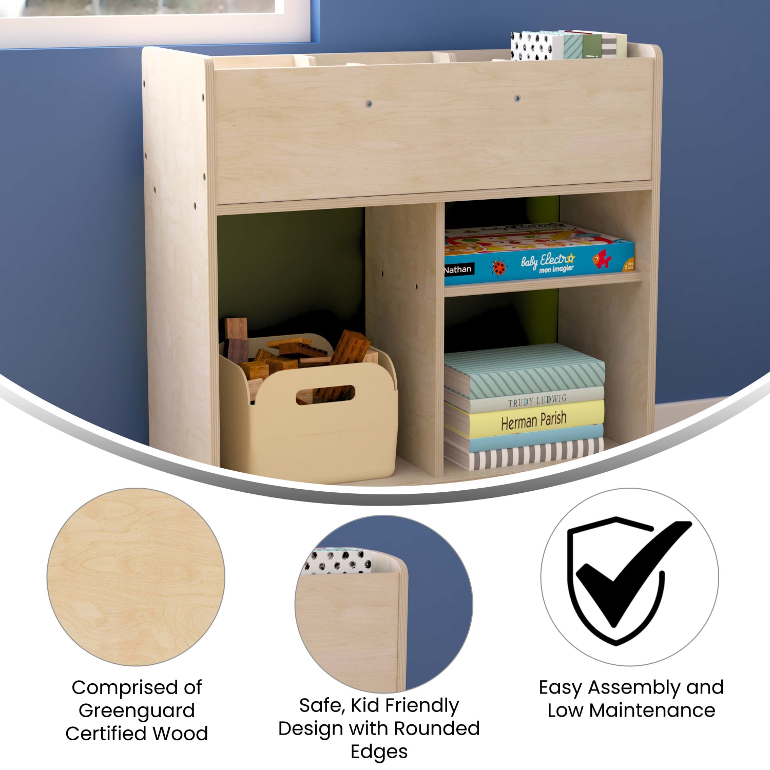 Flash Furniture Bright Beginnings Commercial Grade Double-Sided Space Saving Wooden Mobile Storage Cart With Locking Caster Wheels, 33-1/2inH x 31-1/2inW x 13inD, Beech - Image 5