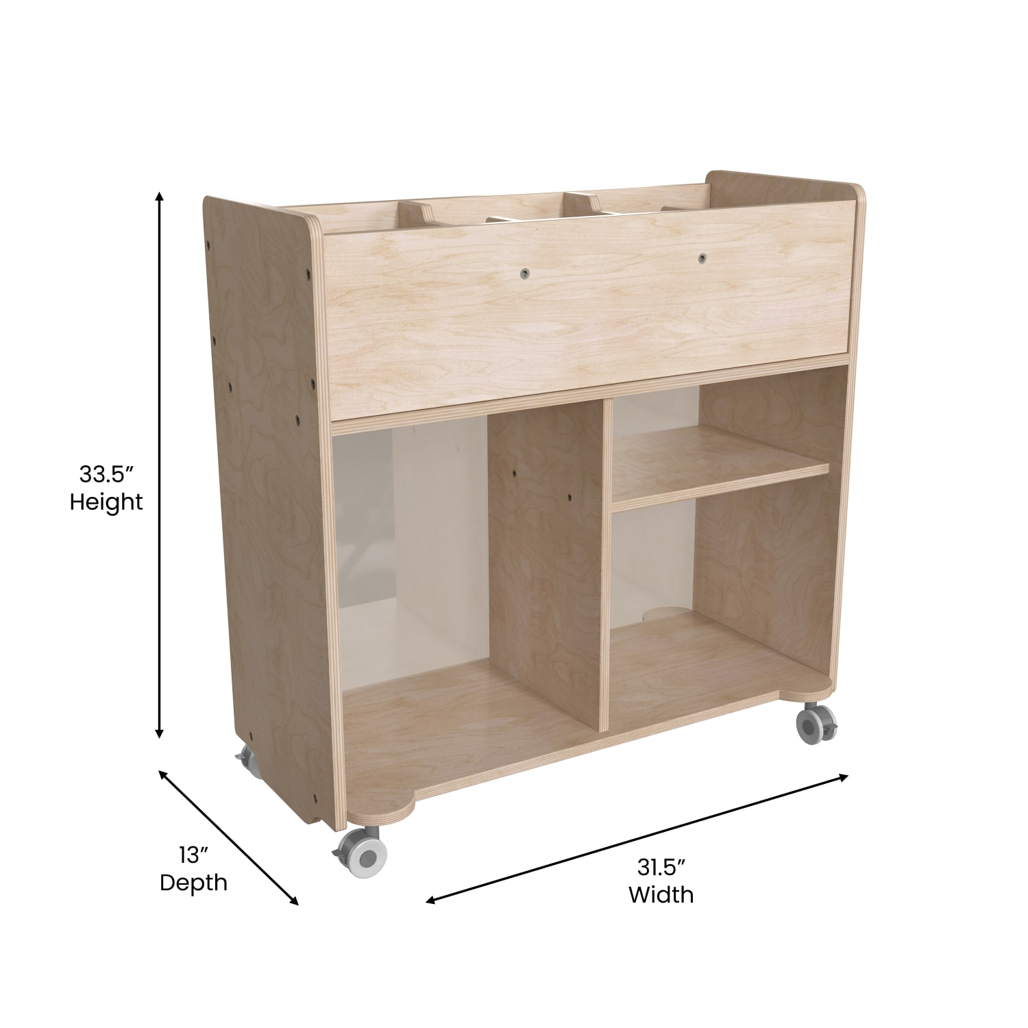 Flash Furniture Bright Beginnings Commercial Grade Double-Sided Space Saving Wooden Mobile Storage Cart With Locking Caster Wheels, 33-1/2inH x 31-1/2inW x 13inD, Beech - Image 6