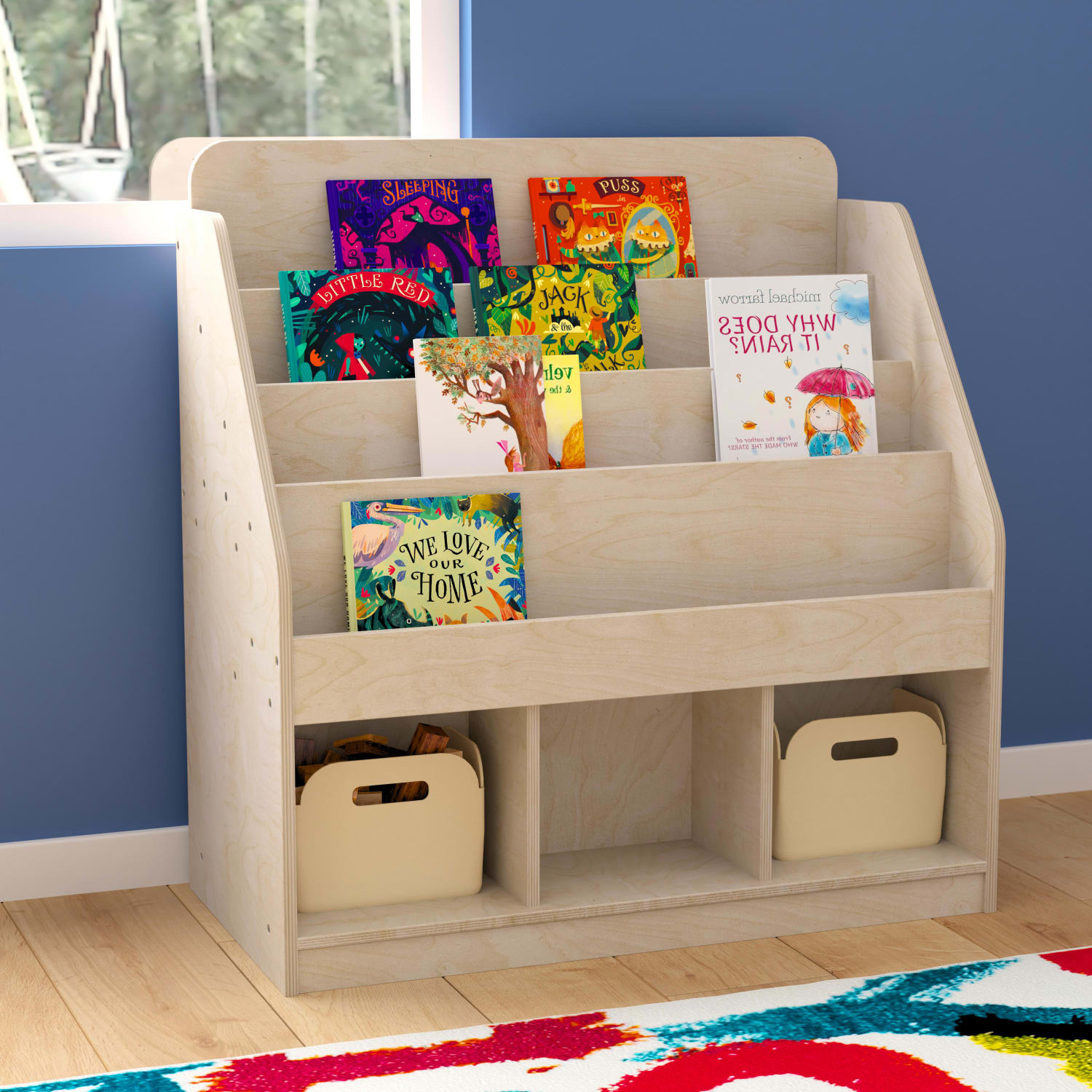 Flash Furniture Bright Beginnings Commercial-Grade Modular Wooden Classroom Tiered Bookstand, Beech - MKKE24282