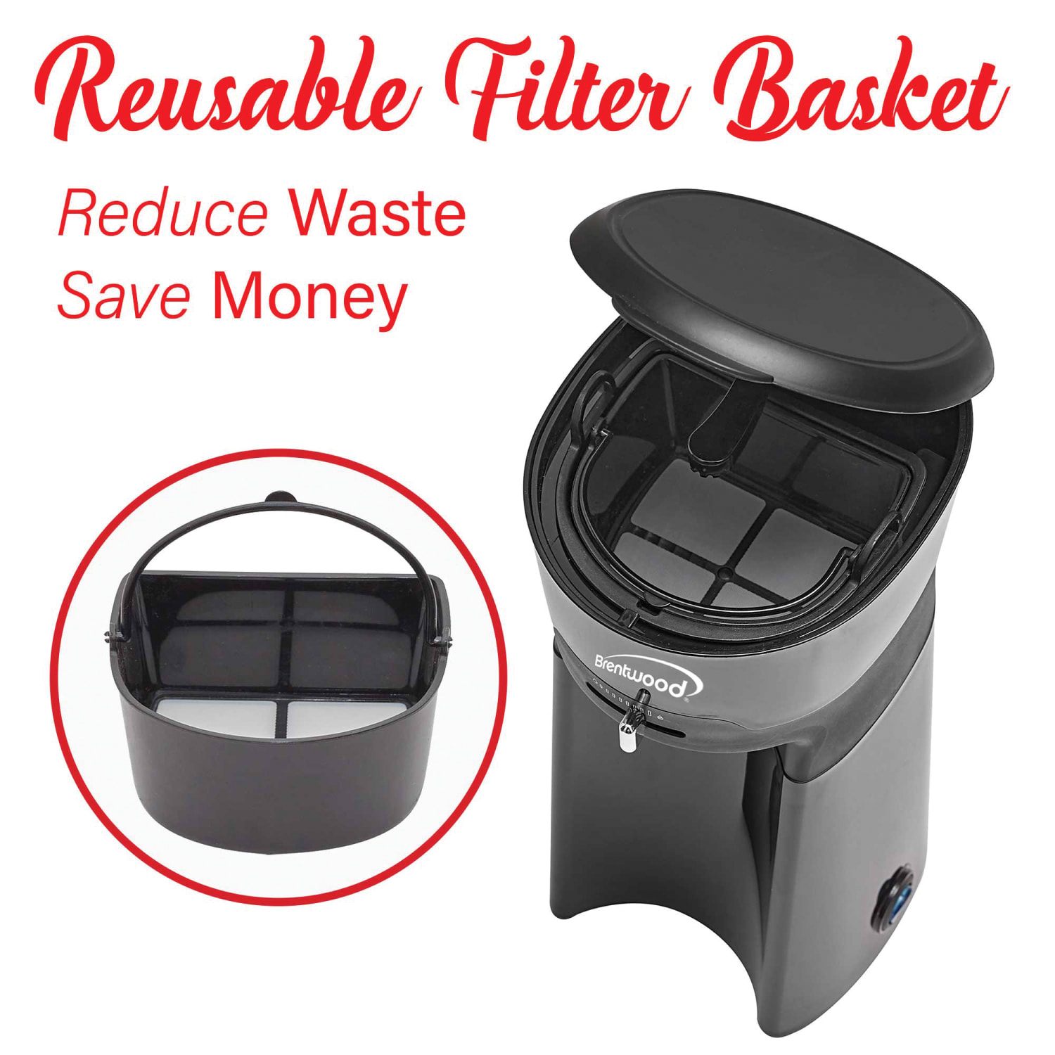 Brentwood Single-Serve Iced Coffee and Tea Maker with 20 Oz Insulated Tumbler and Reusable Filter, 11-5/8inH x 4-15/16inW x 6-5/8inD, Black - Image 5