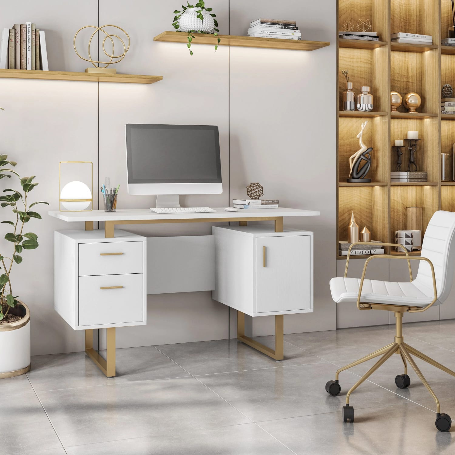Techni Mobili 52inW Modern Computer Desk With Storage, White/Gold - Image 3