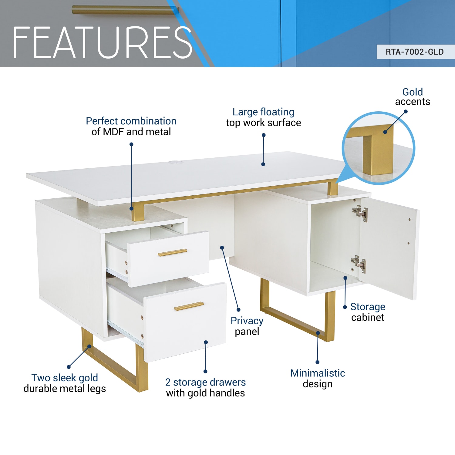 Techni Mobili 52inW Modern Computer Desk With Storage, White/Gold - Image 4