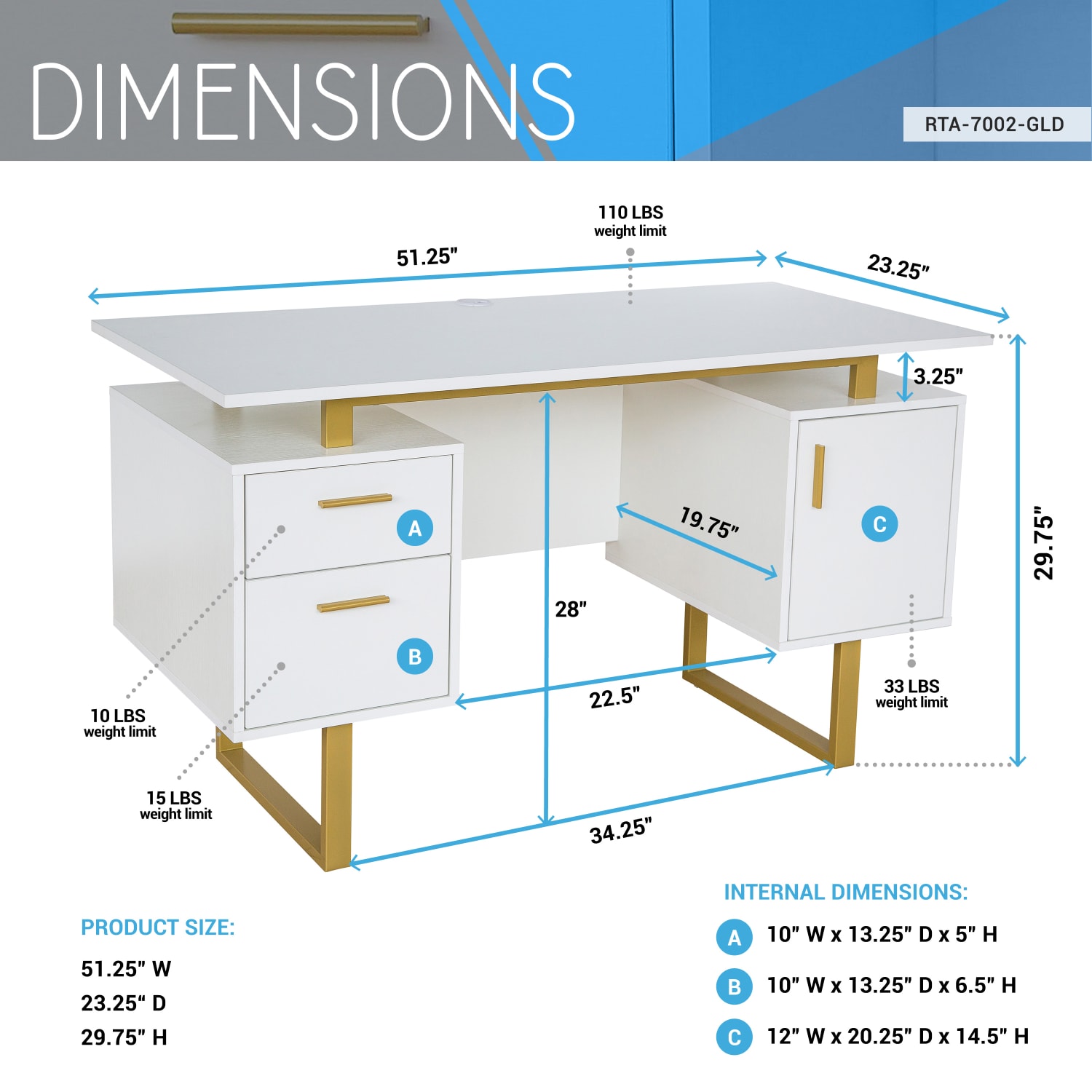 Techni Mobili 52inW Modern Computer Desk With Storage, White/Gold - Image 5