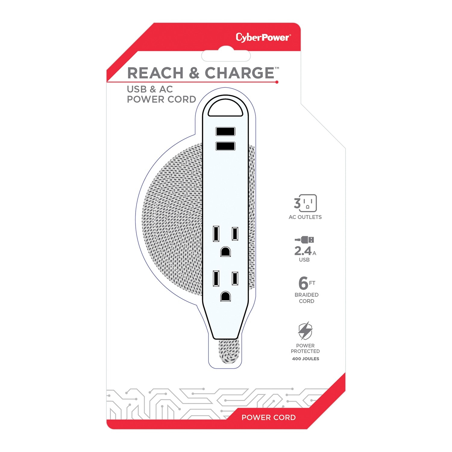CyberPower GC306U Reach And Charge USB And 3-Outlet AC Power Cord, 6', White - Image 6