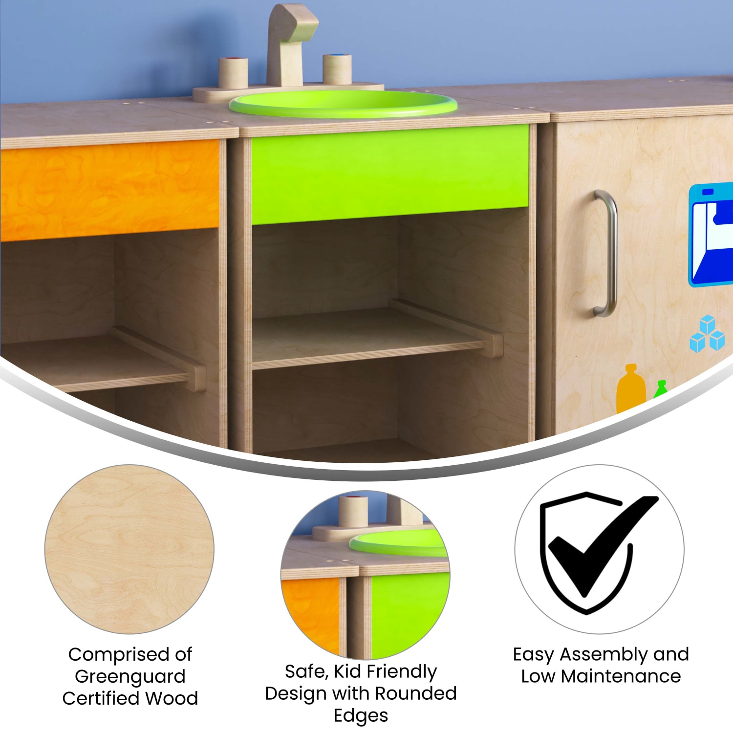 Flash Furniture Bright Beginnings Commercial Grade Wooden Childrens Kitchen Sink With Integrated Storage, 25-1/2inH x 15-1/2inW x 15-1/2inD, Beech - Image 5