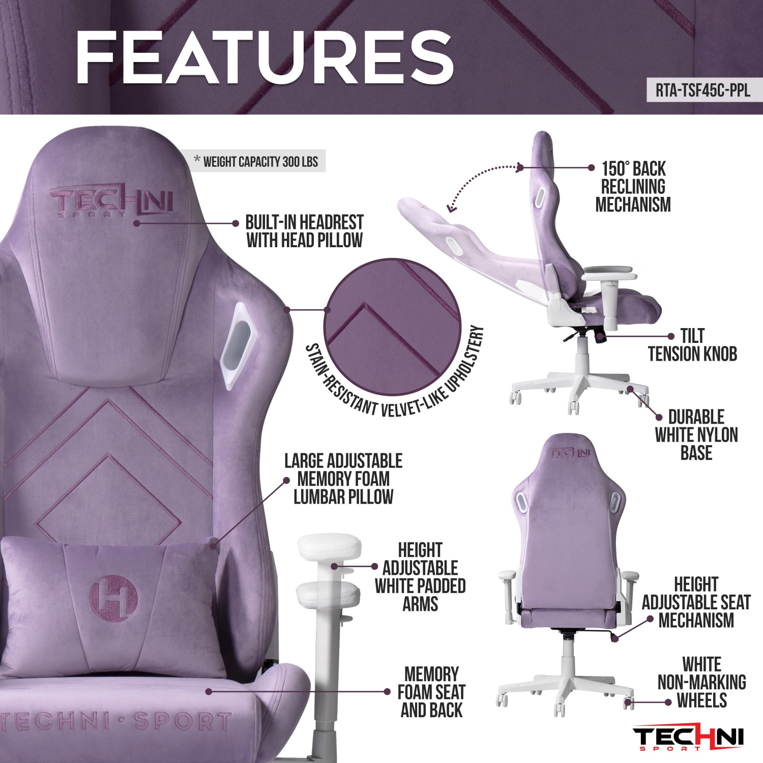 Techni Sport Ergonomic Velvet Computer Gaming Chair, Purple - Image 4