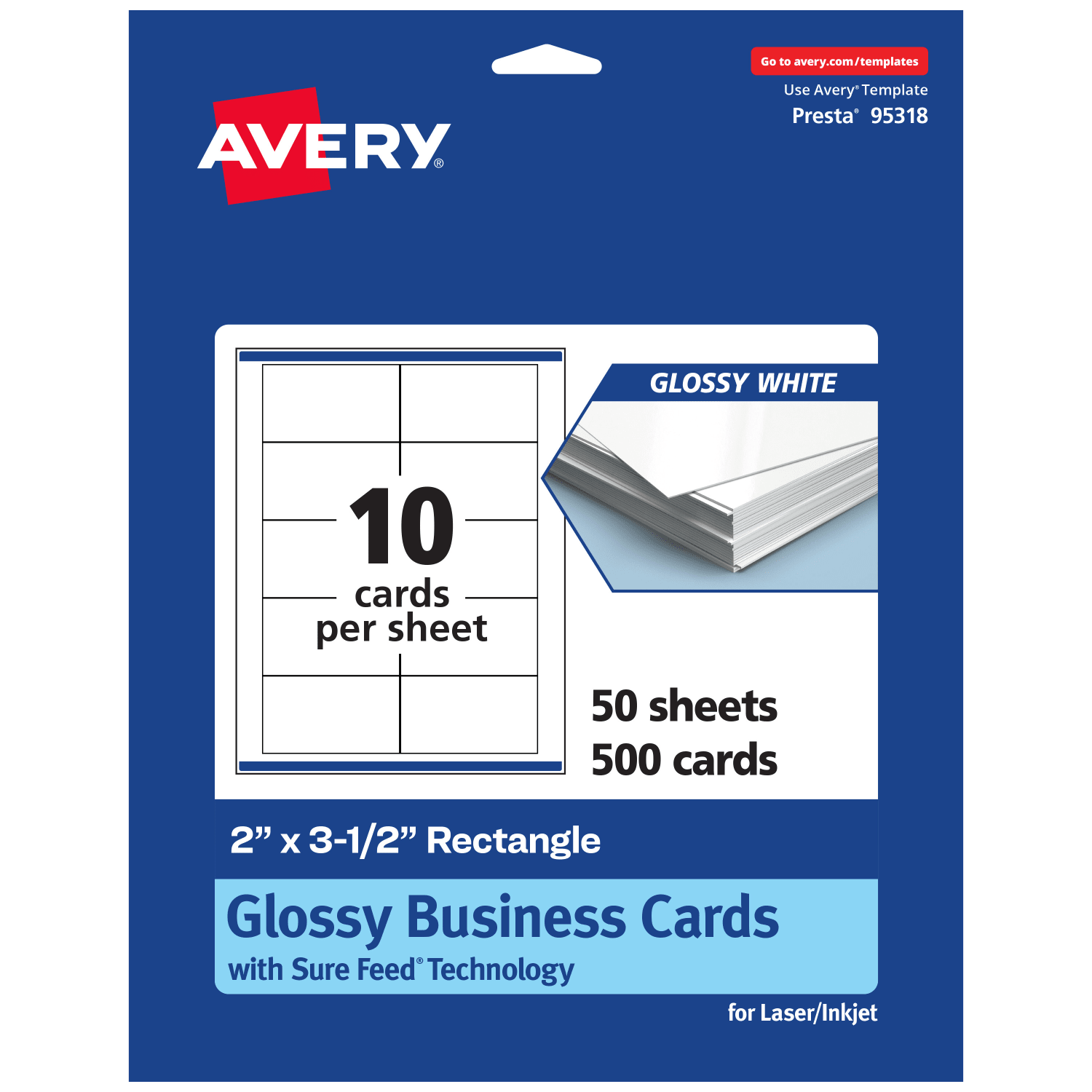 Avery Printable Business Cards With Sure Feed Technology, 2inx3.5in, Glossy White, Pack Of 500