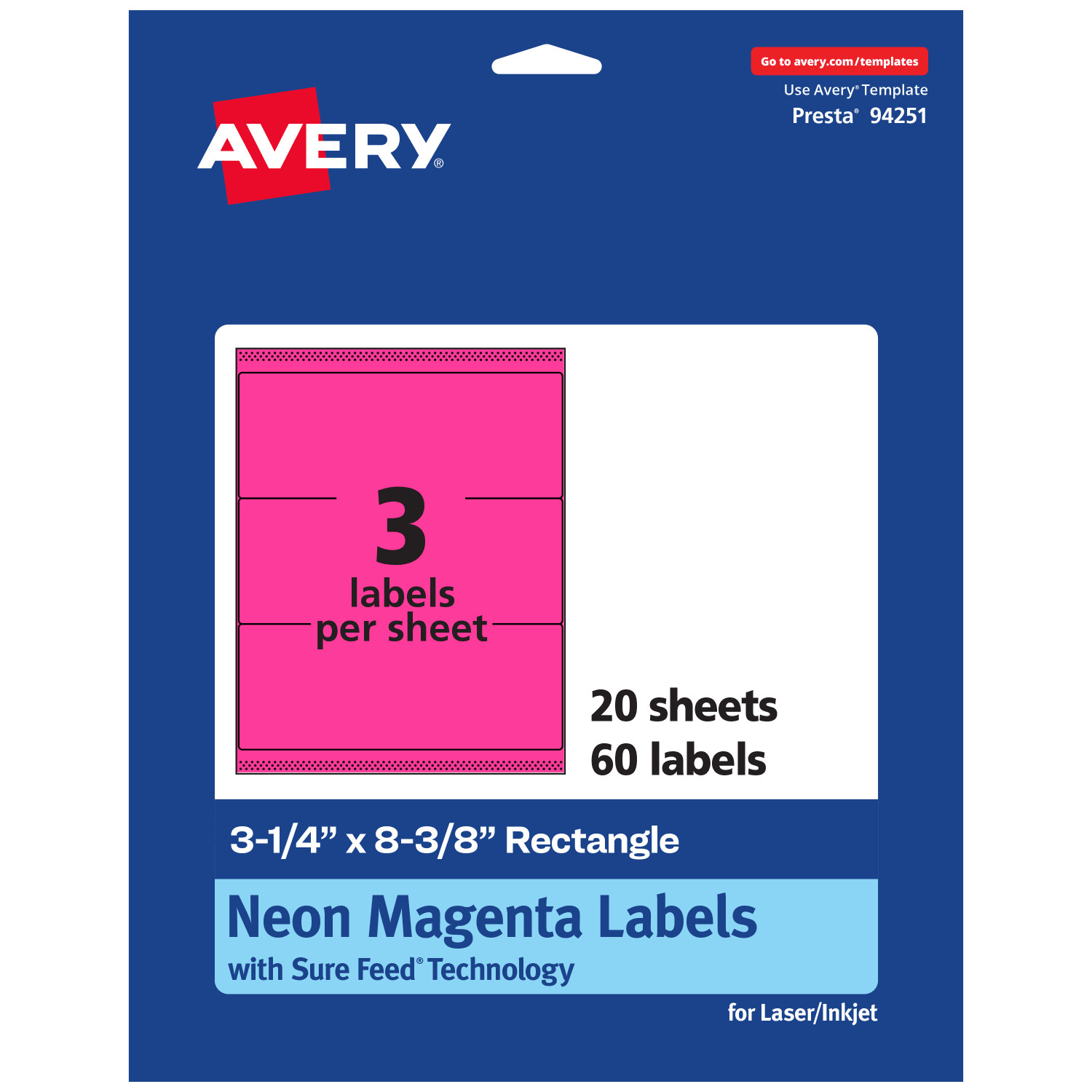 Avery Printable Labels With Sure Feed Technology, 94251-NMP20, Rectangle, 3-1/4in x 8-3/8in, Matte Neon Magenta, Pack of 60