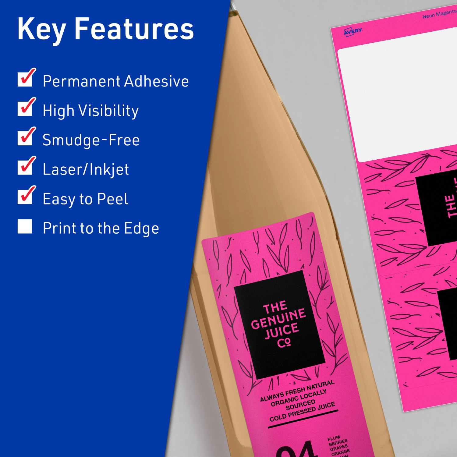 Avery Printable Labels With Sure Feed Technology, 94251-NMP20, Rectangle, 3-1/4in x 8-3/8in, Matte Neon Magenta, Pack of 60 - Image 3