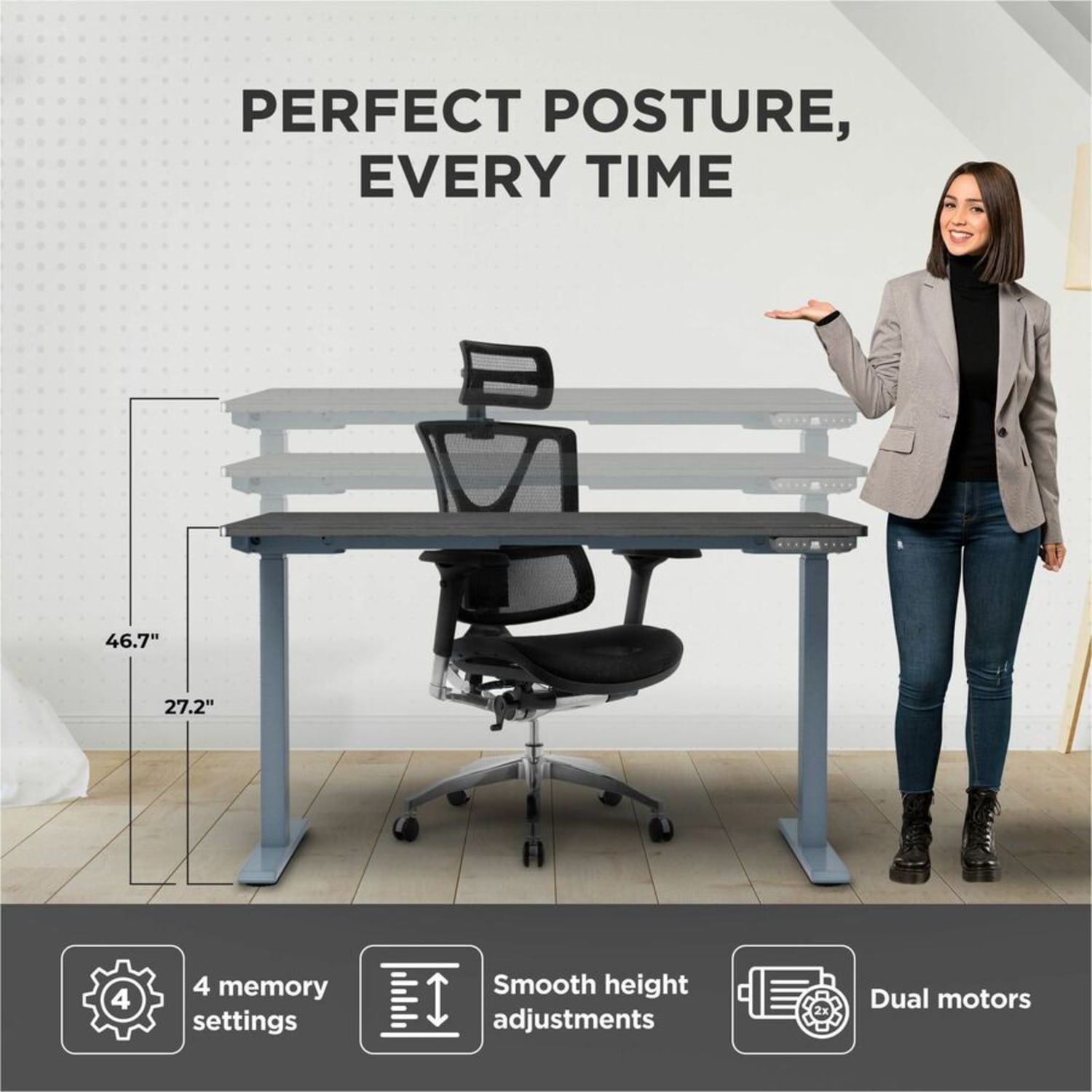 Rise Up Electric 48inW Standing Computer Desk, Gray Frame - Image 5