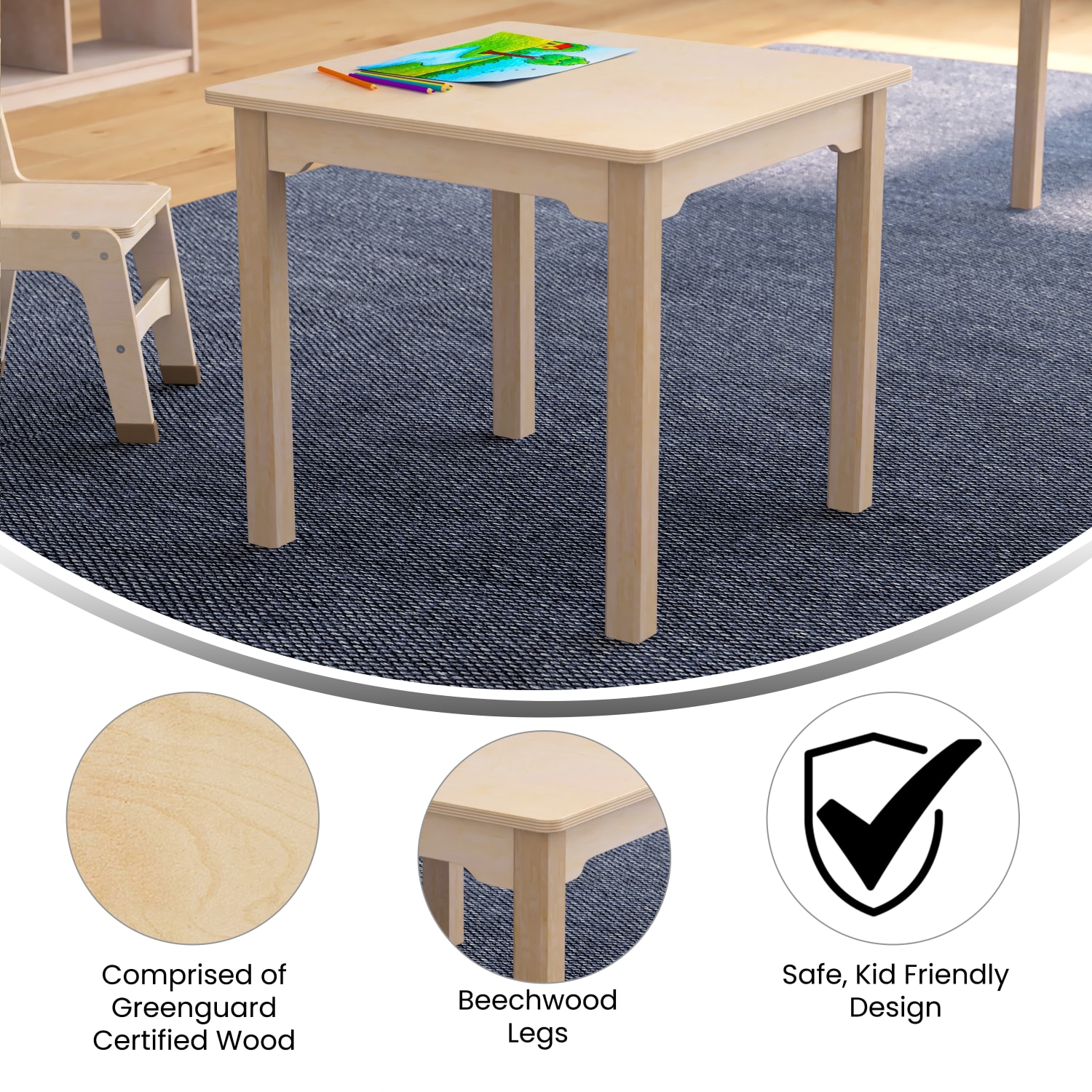 Flash Furniture Bright Beginnings Commercial Grade Wood Square Preschool Classroom Activity Table, 21-1/4inH x 23-1/2inW x 23-1/2inD, Beech - Image 5