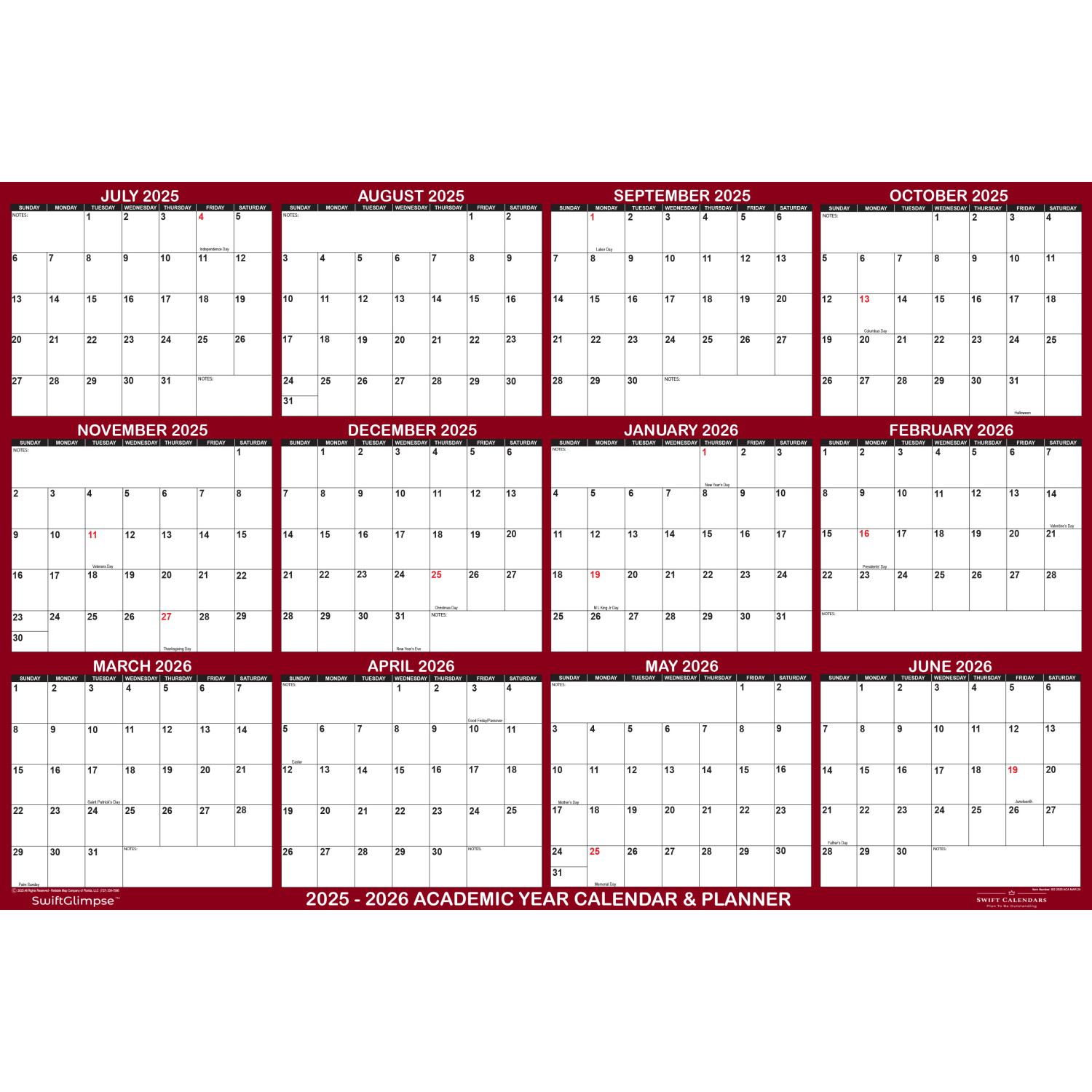 2025-2026 SwiftGlimpse Academic Erasable Monthly Wall Calendar, 32in x 48in, White/Maroon, July 2025 To June 2026