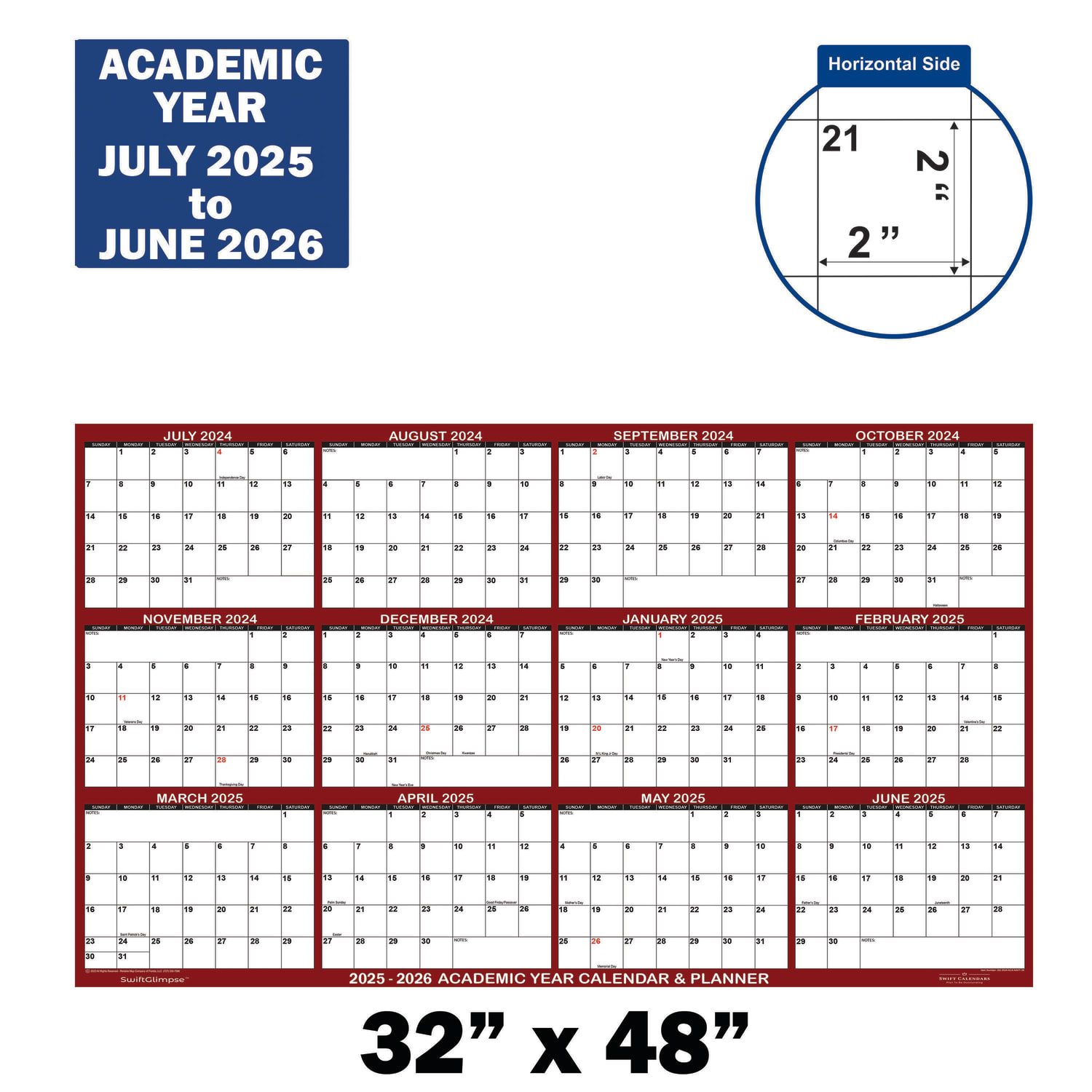 2025-2026 SwiftGlimpse Academic Erasable Monthly Wall Calendar, 32in x 48in, White/Maroon, July 2025 To June 2026 - Image 3
