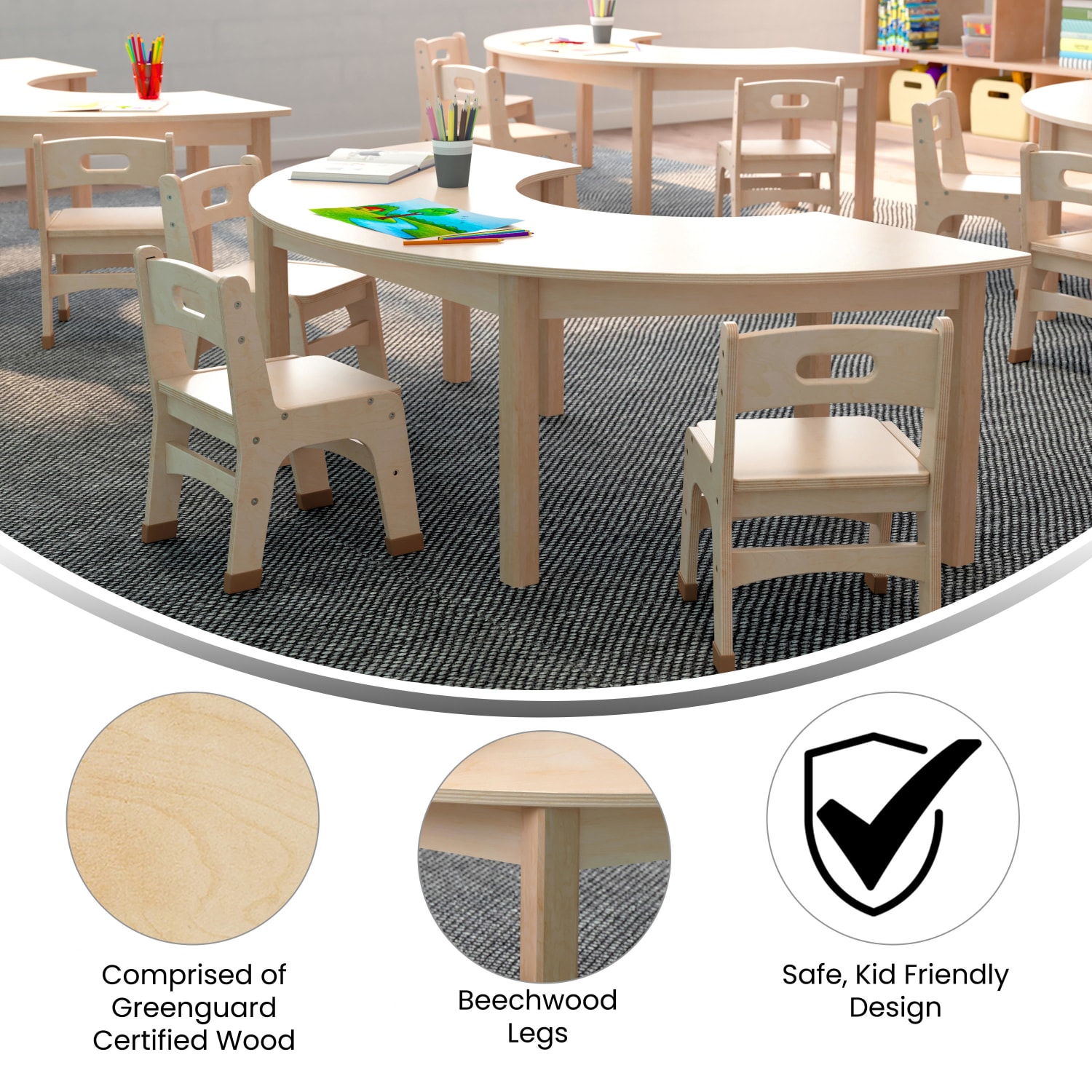 Flash Furniture Bright Beginnings Commercial Wooden Half Circle Preschool Classroom Activity Table, 18inH x 29-1/2inW x 59inD, Beech - Image 5