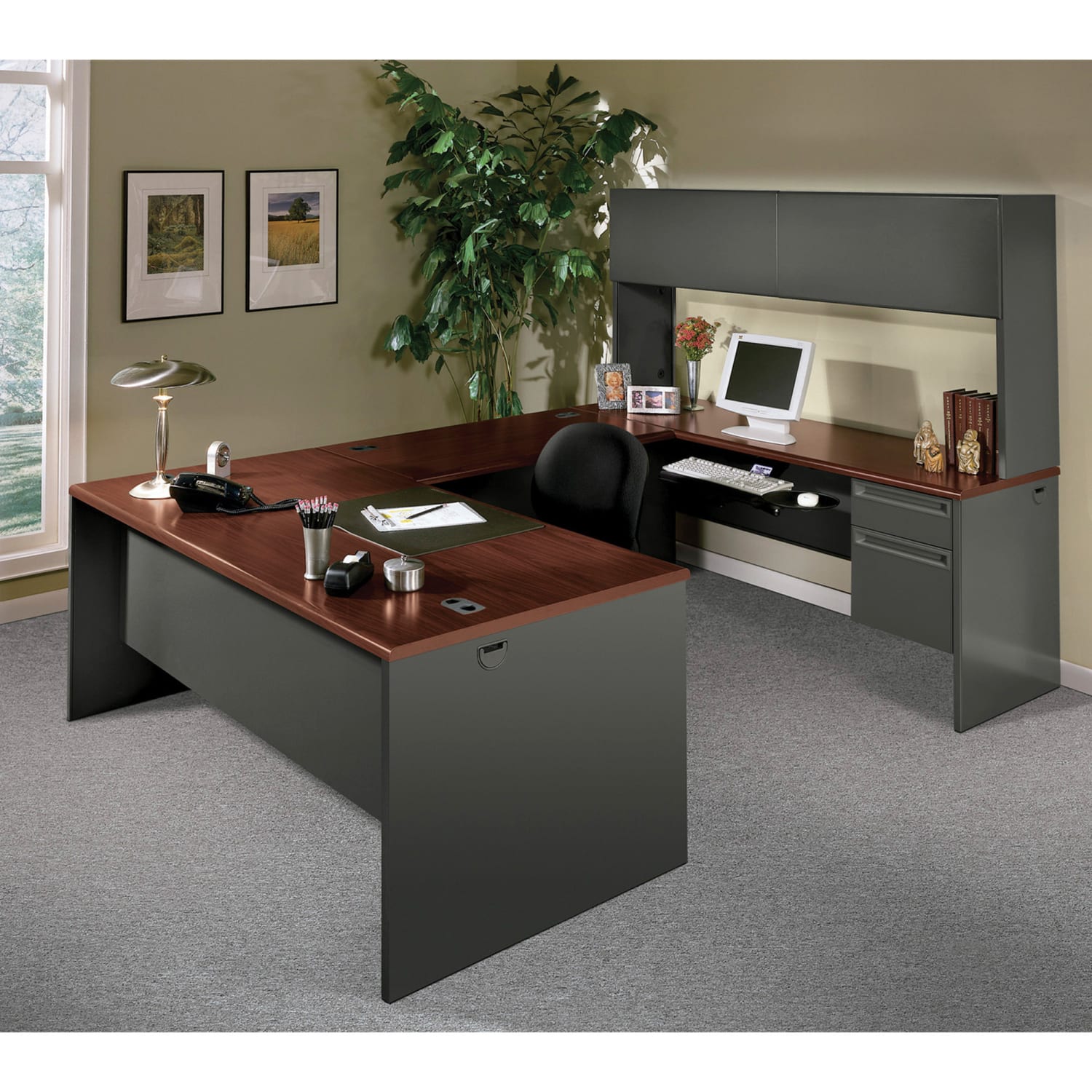 HON 38000 72inW Right-Pedestal Computer Desk Credenza With Lock, Mahogany/Charcoal - Image 4