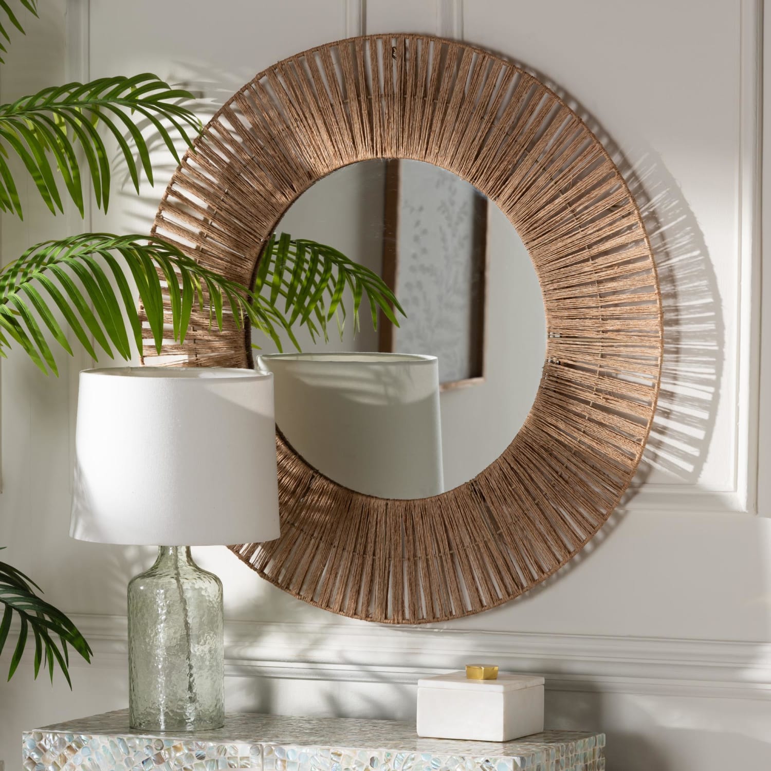 bali & pari Leala Modern Bohemian Round Accent Wall Mirror, 31-1/2inH x 31-1/2inW x 1-1/4inD, Natural Brown - Image 4