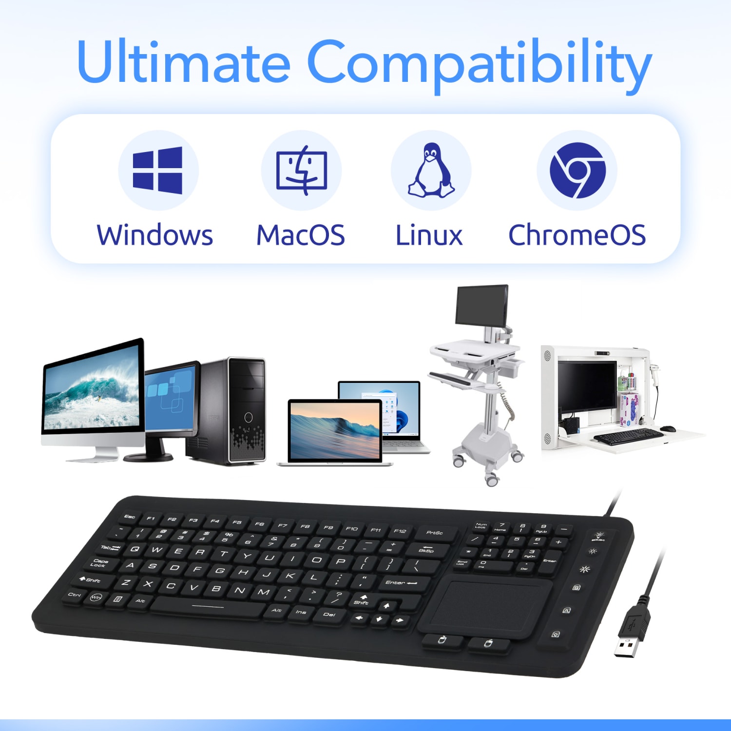 Delton M70 Medical Grade Airtight Waterproof USB Backlit Computer Keyboard And Touchpad, Black - Image 6