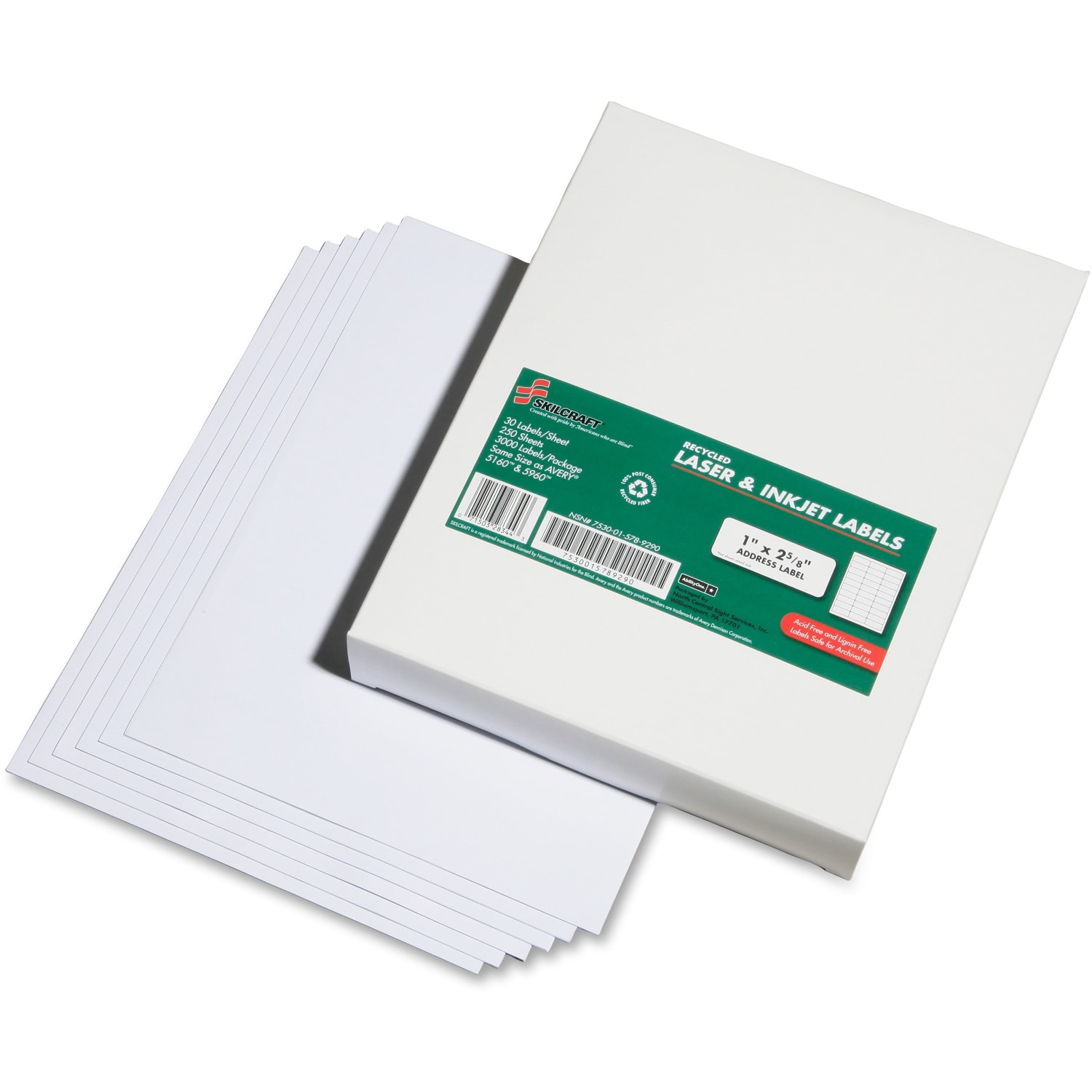 SKILCRAFT 100% Recycled Inkjet/Laser Address Labels, Rectangle, 1in x 2 5/8in, White, Box Of 250 Sheets (AbilityOne 7530-01-578-9290) - Image 3