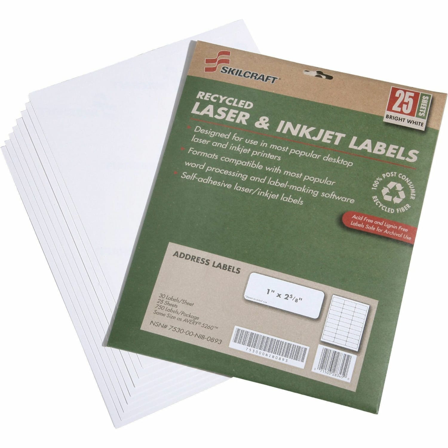 SKILCRAFT 100% Recycled Inkjet/Laser Address Labels, Rectangle, 1in x 2 5/8in, White, Box Of 25 Sheets (AbilityOne 7530-01-578-9292) - Image 3
