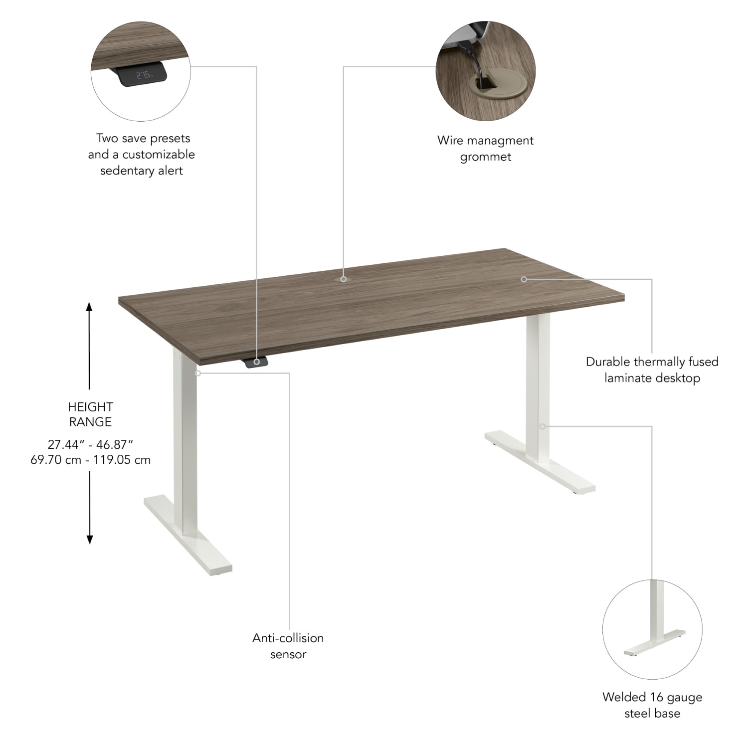 Bush Business Furniture Move 60 Series 60inW x 30inD Electric Height Adjustable Standing Desk, Modern Hickory/White Powder Coat, Standard Delivery - Image 4