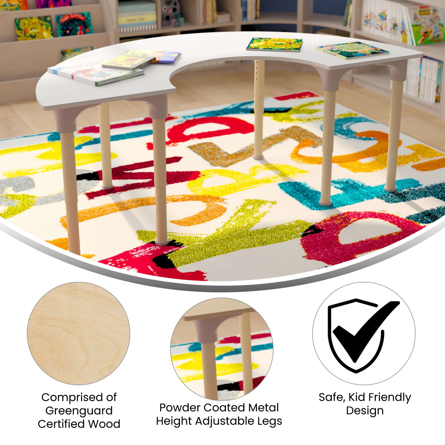 Flash Furniture Bright Beginnings Commercial Wooden Half Circle Adjustable Height Classroom Activity Table, 23inH x 29-1/2inW x 59inD, Beech/White - Image 5