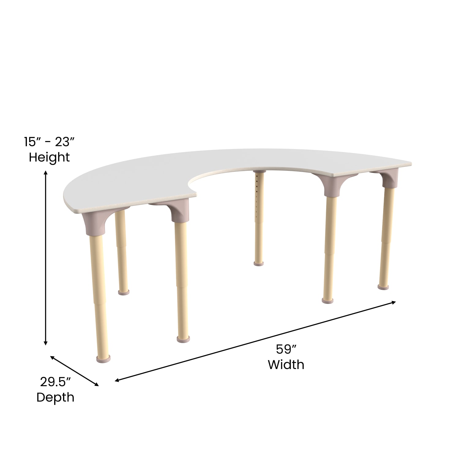Flash Furniture Bright Beginnings Commercial Wooden Half Circle Adjustable Height Classroom Activity Table, 23inH x 29-1/2inW x 59inD, Beech/White - Image 6