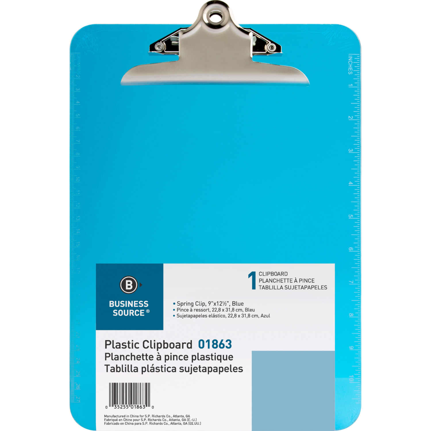 Business Source Spring Clip Plastic Clipboard - Spring Clip - Plastic - Blue - 12 / Box - Image 3