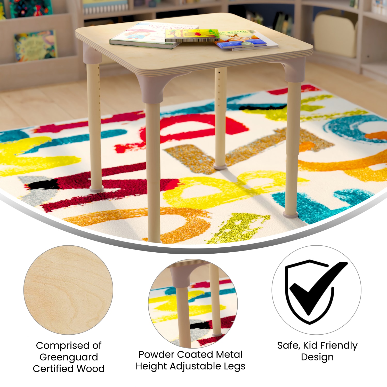 Flash Furniture Bright Beginnings Commercial Grade Wooden Adjustable Height Classroom Activity Table, 23inH x 24inW x 24inD, Beech - Image 5