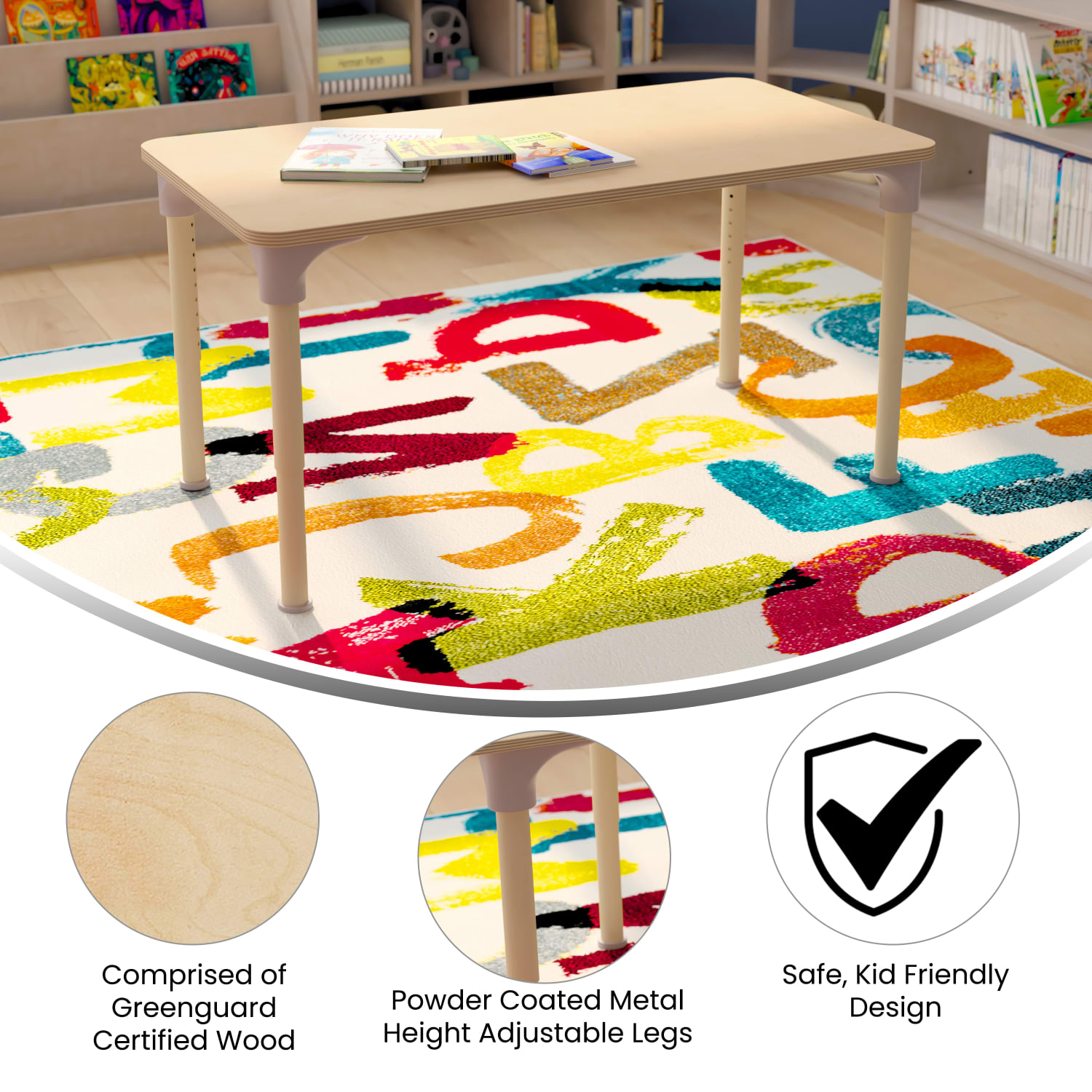 Flash Furniture Bright Beginnings Commercial Grade Wooden Rectangle Adjustable Height Classroom Activity Table, 23inH x 23-1/2inW x 47inD, Beech - Image 5