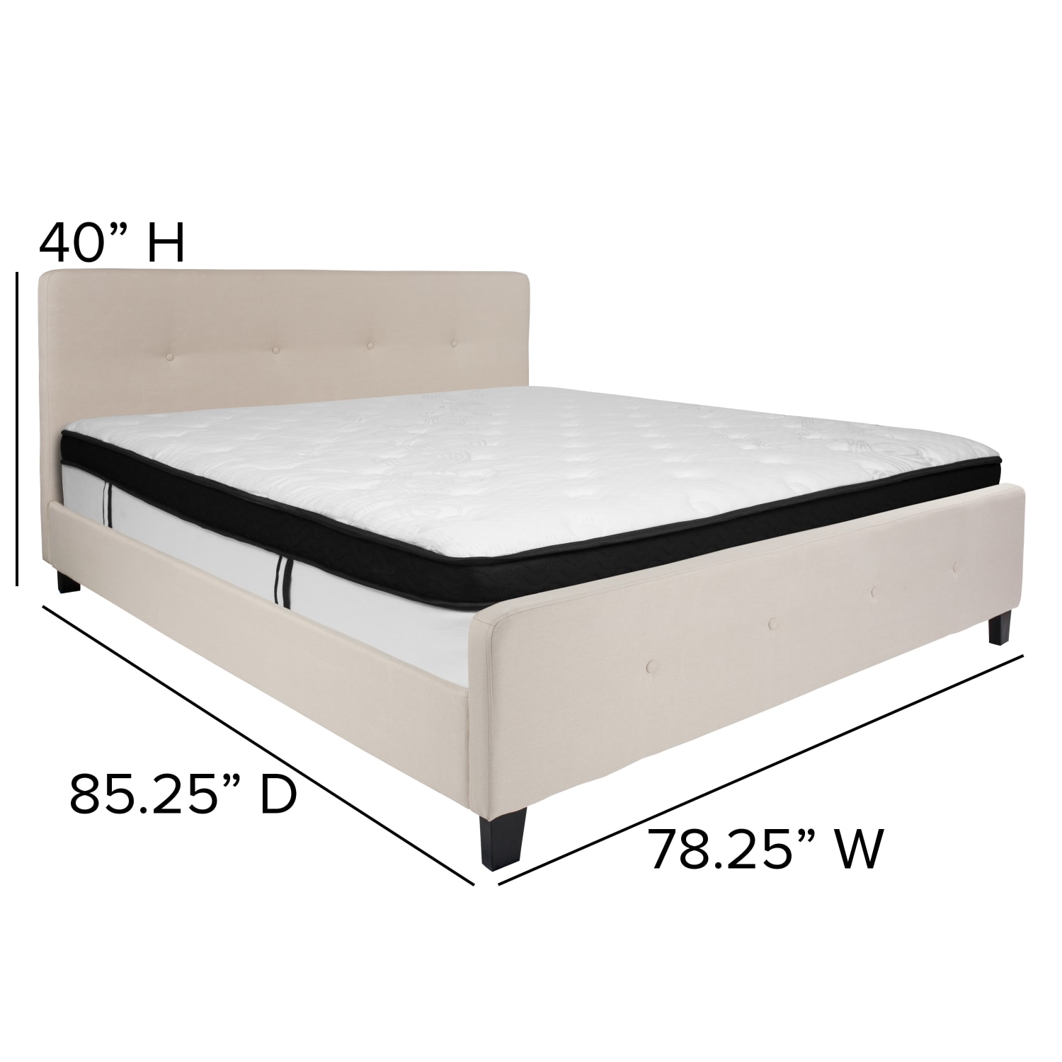 Flash Furniture Tribeca Button Tufted Upholstered Platform Bed with Memory Foam Pocket Spring Mattress, King, 40inH x 78-1/4inW x 85-1/4inL, Beige - Image 5