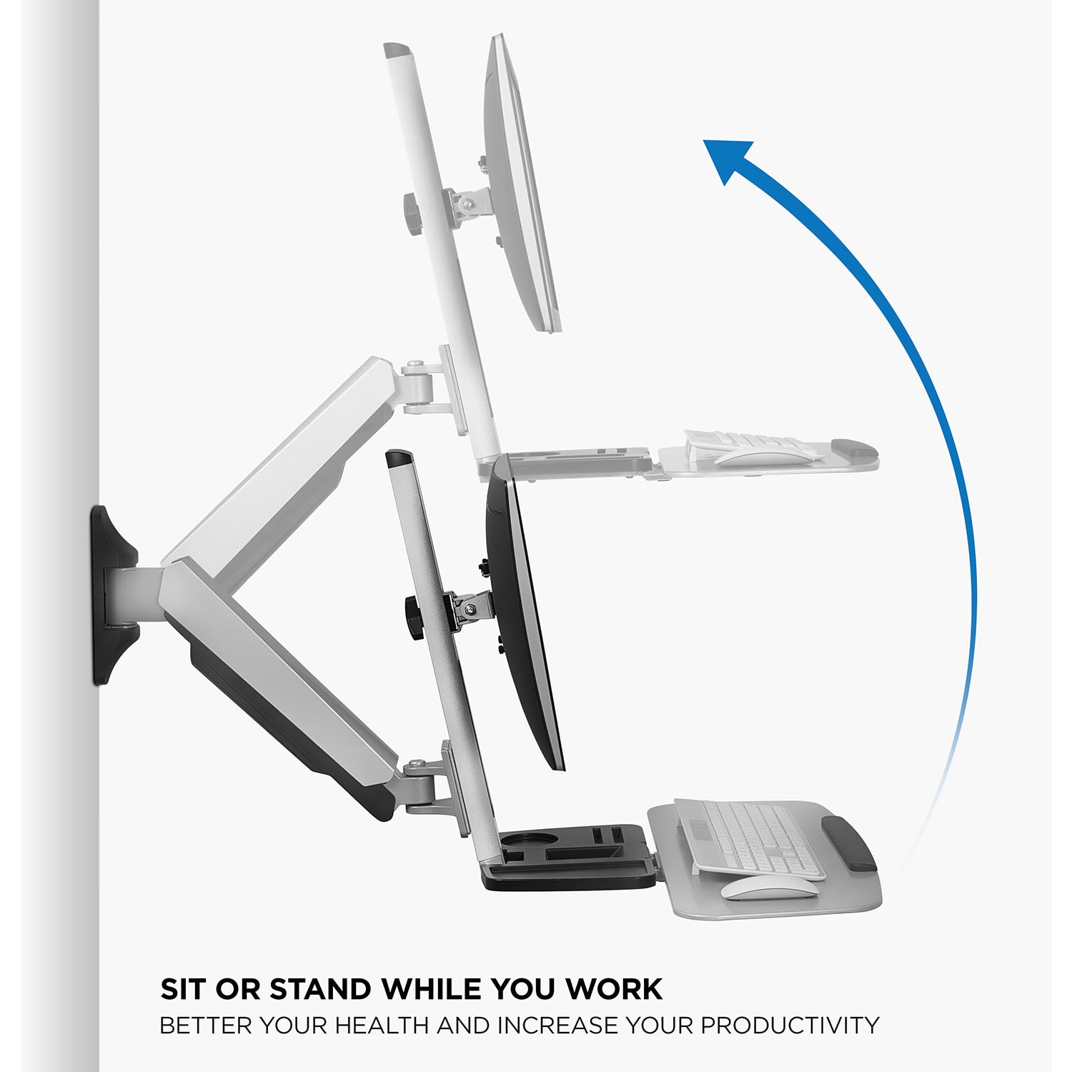 Mount-It! MI-7905 36inW Standing Computer Desk With Articulating Monitor Mount, Keyboard Tray Arm And CPU Holder, Silver - Image 5