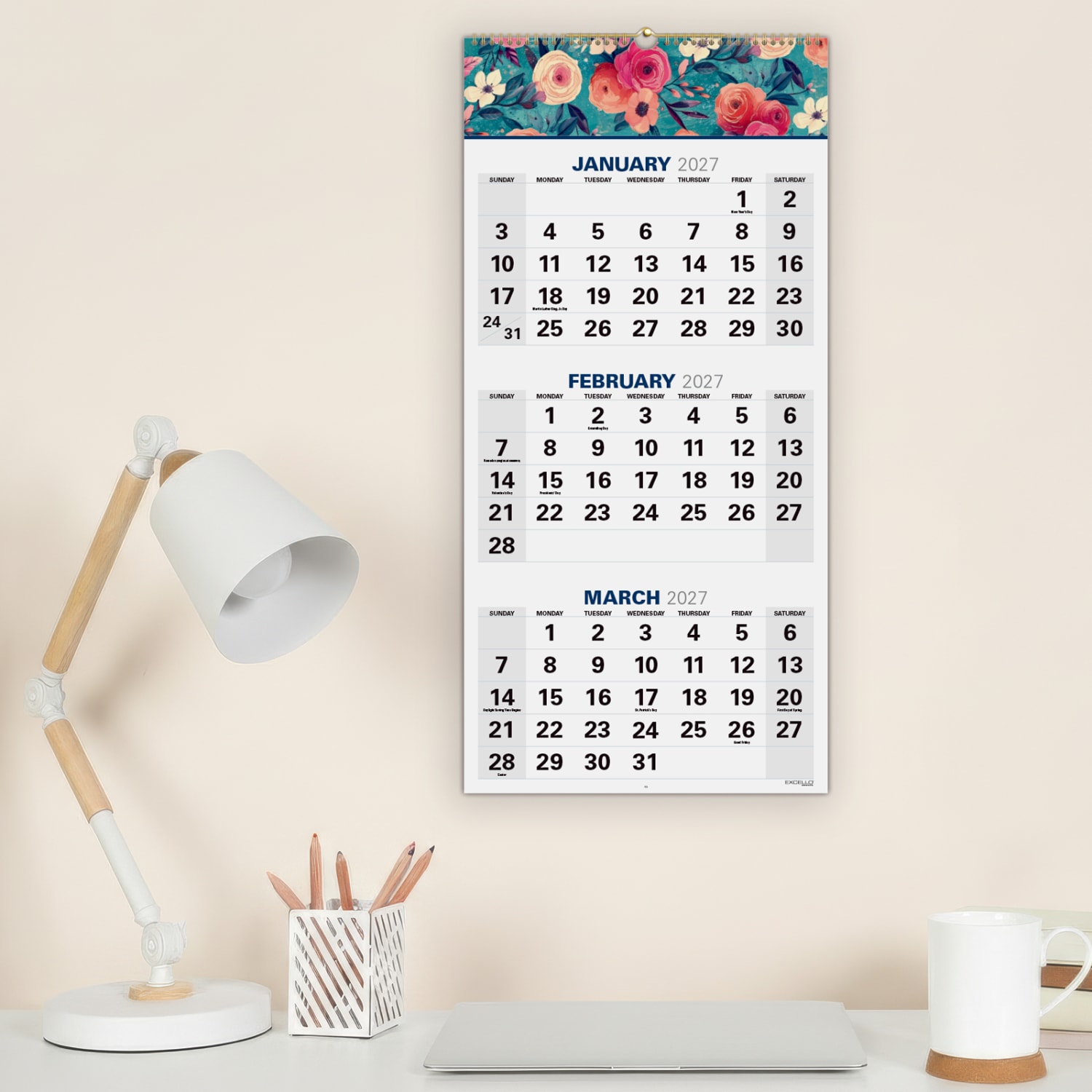 2026-2027 Excello Brands Academic Year Large Print 3-Month View Wall Calendar, 27in x 13in, Teal Floral, April To December, Total Qty 1 - Image 3