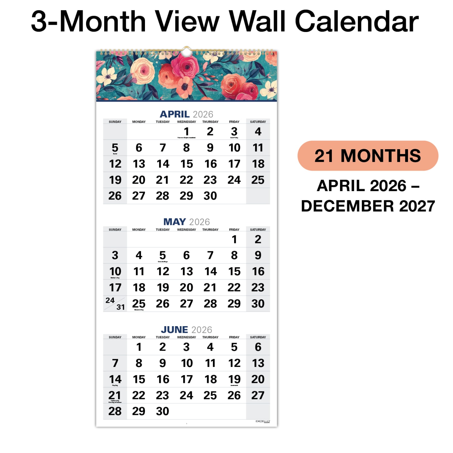 2026-2027 Excello Brands Academic Year Large Print 3-Month View Wall Calendar, 27in x 13in, Teal Floral, April To December, Total Qty 1 - Image 4
