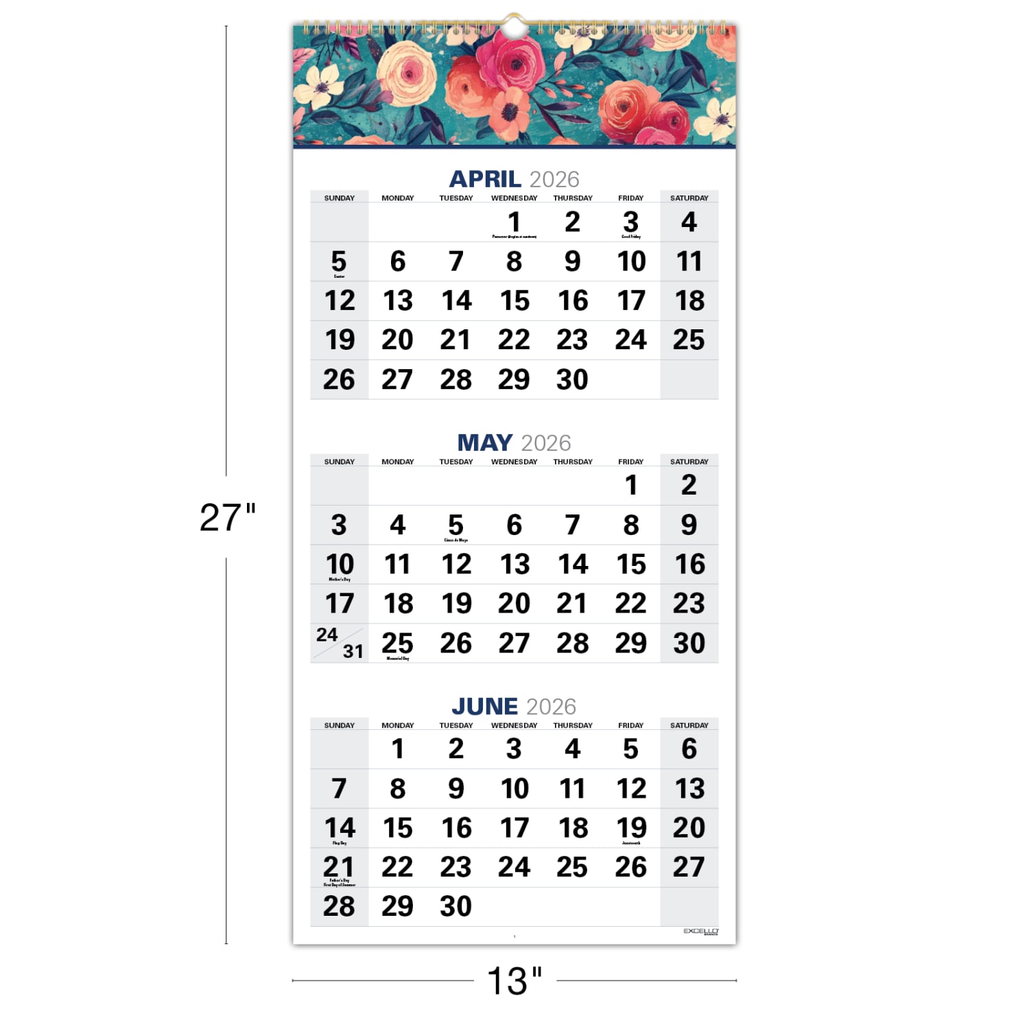 2026-2027 Excello Brands Academic Year Large Print 3-Month View Wall Calendar, 27in x 13in, Teal Floral, April To December, Total Qty 1 - Image 5