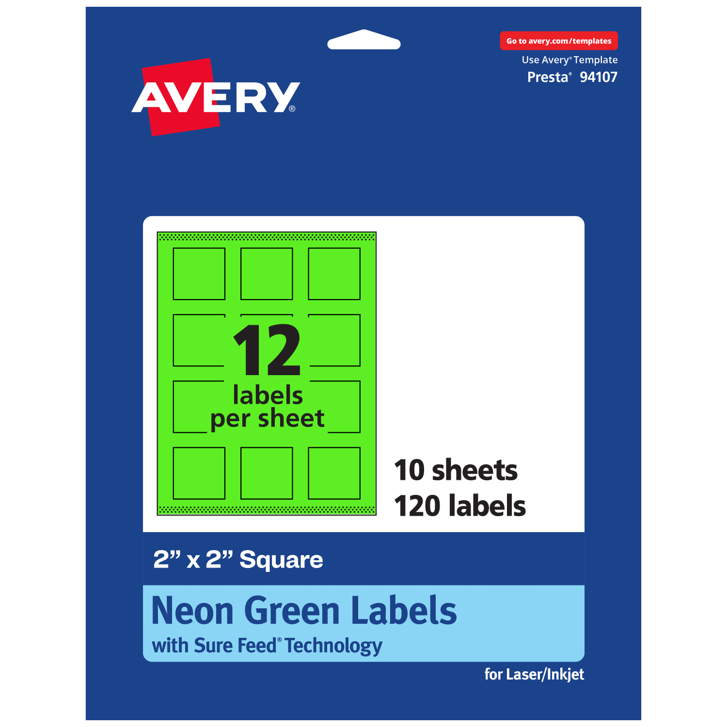 Avery Print-To-The-Edge Labels With Sure Feed Technology And Easy Peel Label Feature, 94107-NGP10, Square, 2in x 2in, Matte Neon Green, Pack of 120