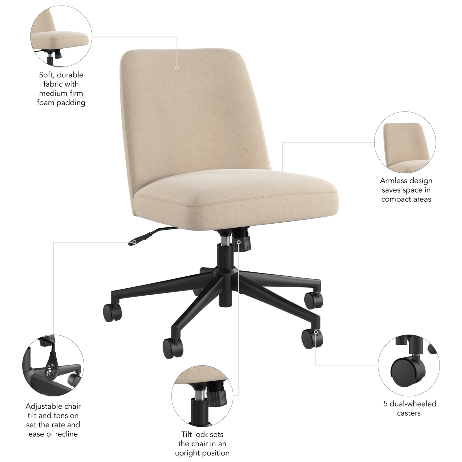Bush Furniture Serenity Fabric Mid Back Armless Office Chair with Wheels, Soft Beige, Standard Deliver Service - Image 4