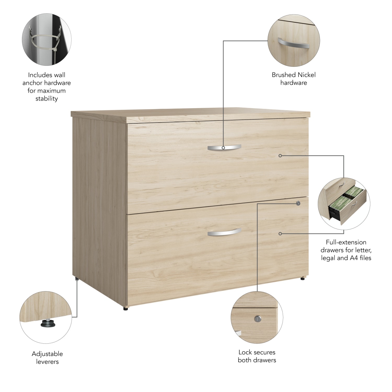 Bush Business Furniture Studio C 35-2/3inW x 23-1/3inD Lateral 2-Drawer File Cabinet, Natural Elm, Standard Delivery - Image 5