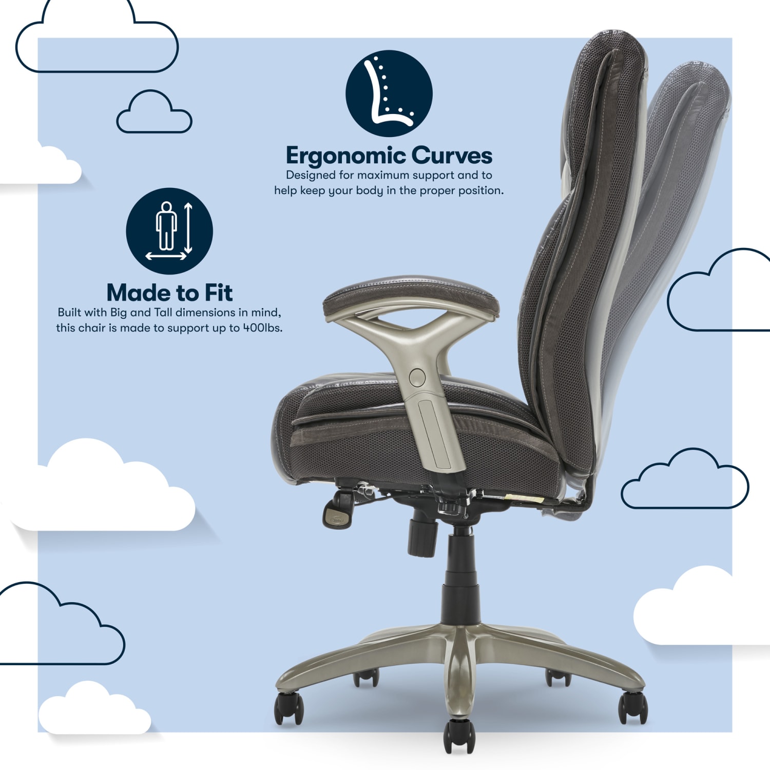 Serta Smart Layers Jennings Big & Tall Ergonomic Bonded Leather High-Back Executive Chair, Dark Gray/Silver - Image 4