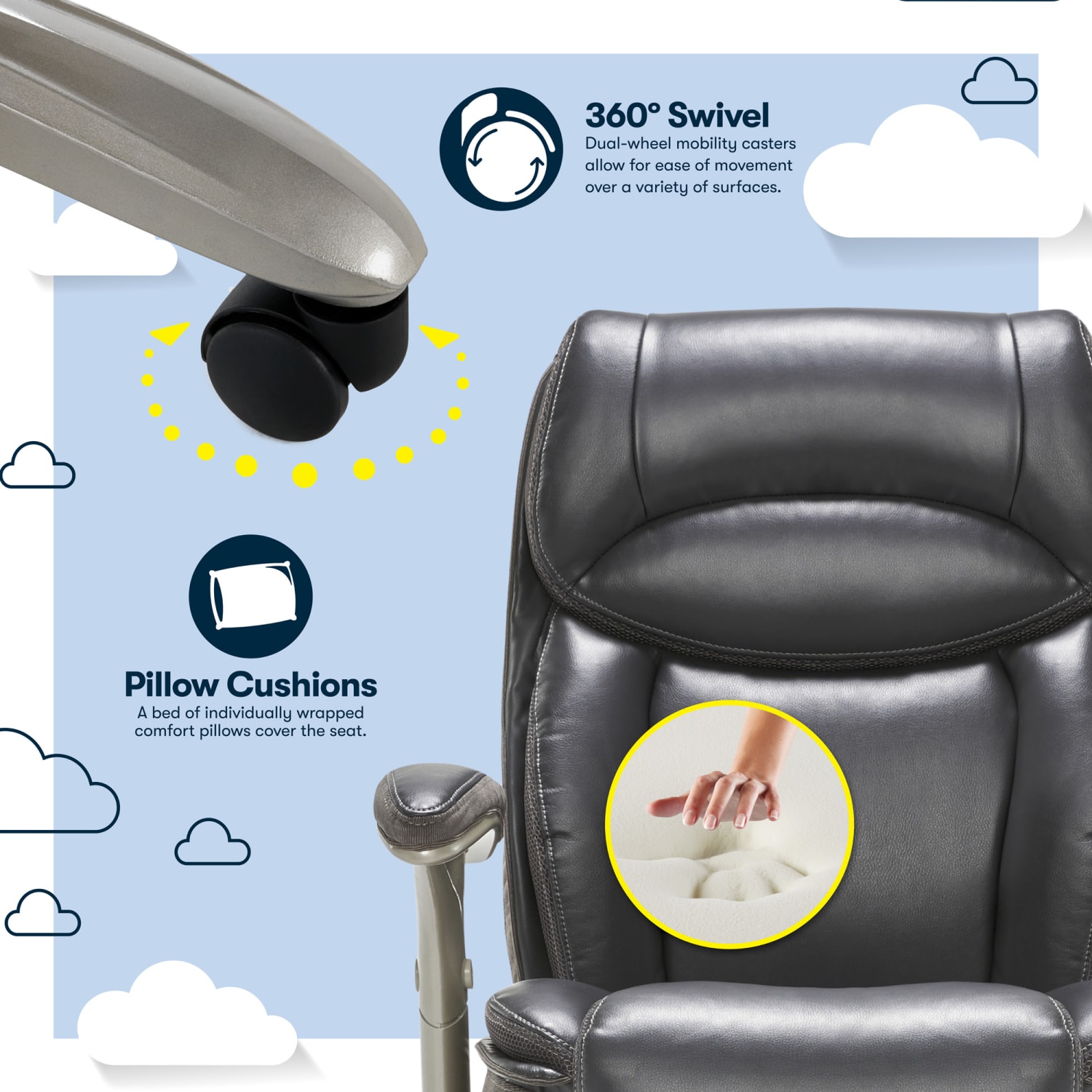 Serta Smart Layers Jennings Big & Tall Ergonomic Bonded Leather High-Back Executive Chair, Dark Gray/Silver - Image 7