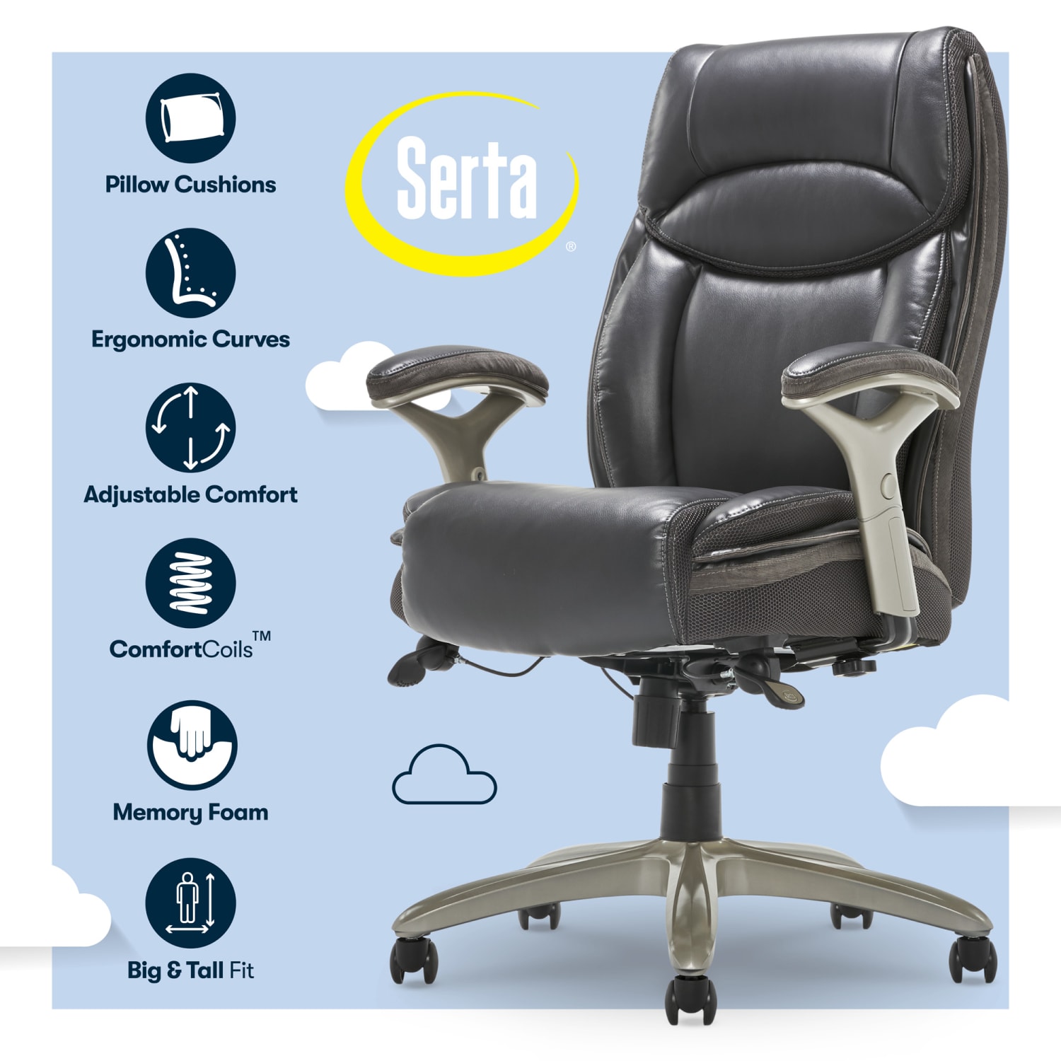 Serta Smart Layers Jennings Big & Tall Ergonomic Bonded Leather High-Back Executive Chair, Dark Gray/Silver - Image 8
