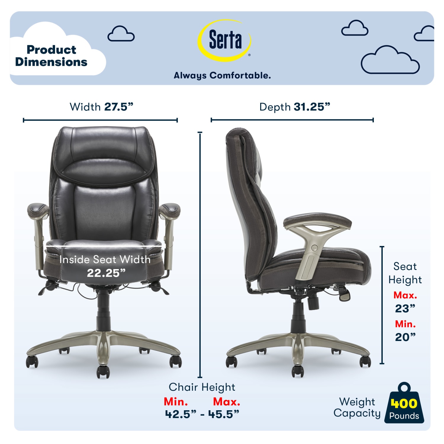 Serta Smart Layers Jennings Big & Tall Ergonomic Bonded Leather High-Back Executive Chair, Dark Gray/Silver - Image 9