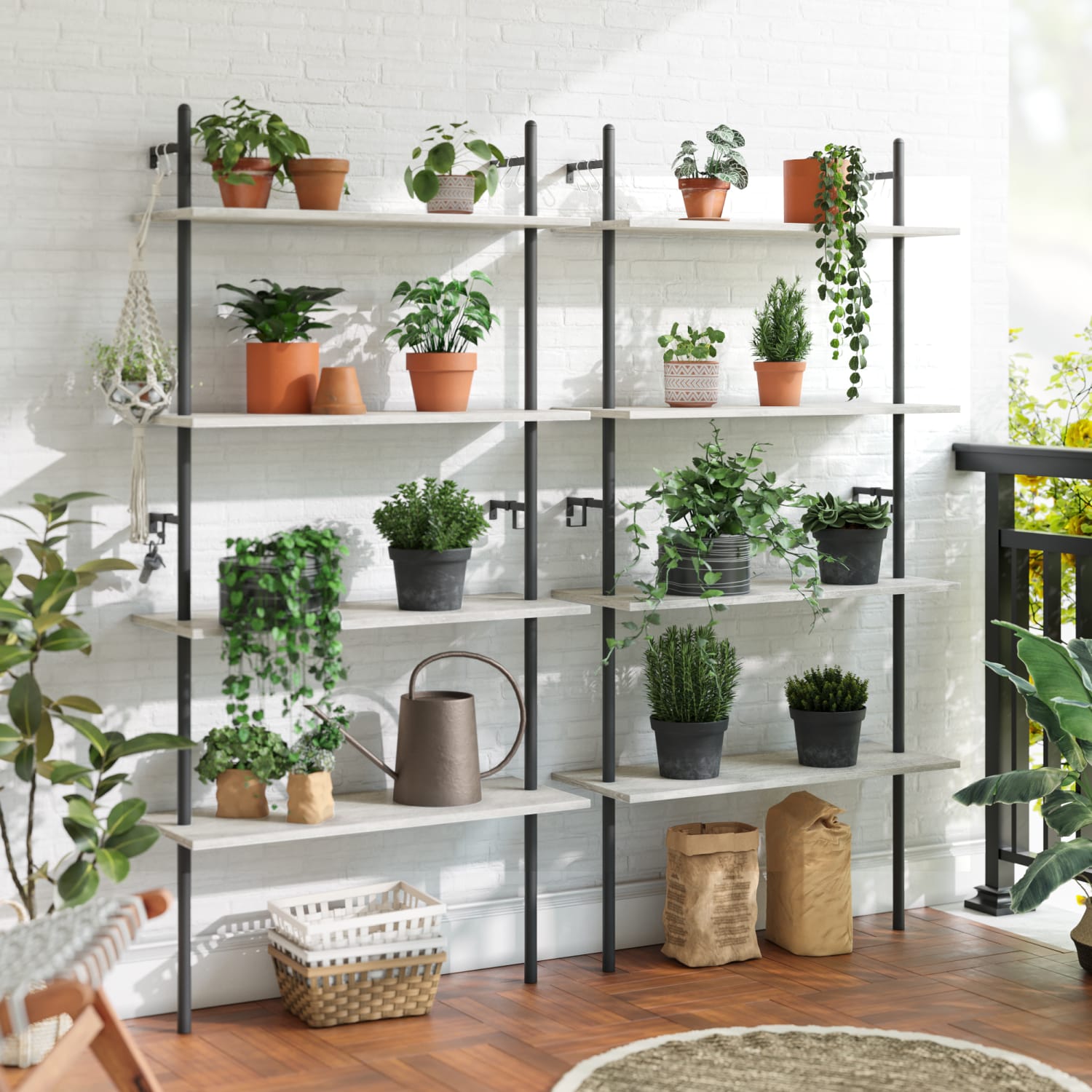 Bestier Industrial 66inH 4-Tier Wall-Mounted Ladder Shelf With 2 Hooks, 32inW, Light Retro Gray Oak - Image 5
